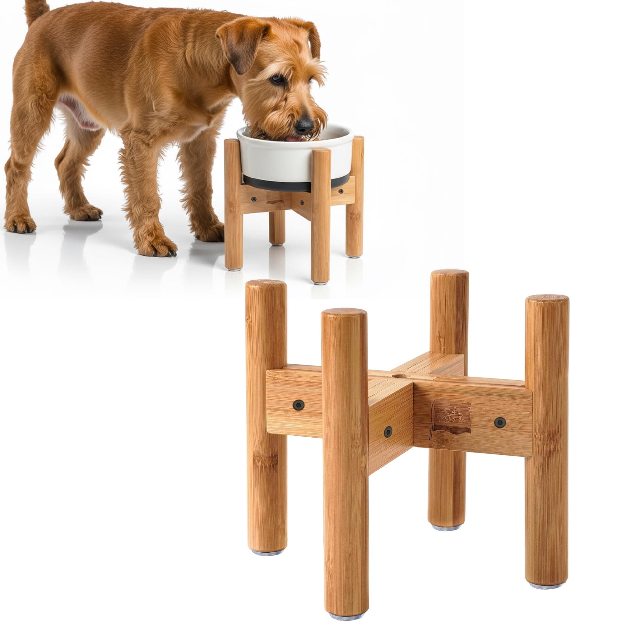 Dog Bowl Stand - Raise, Elevate Bowls to 9-inch High - Adjustable, Fits 6 up to 8-inch Medium Dog Food/Water Feeders, Dishes and Fountains - Durable Bamboo