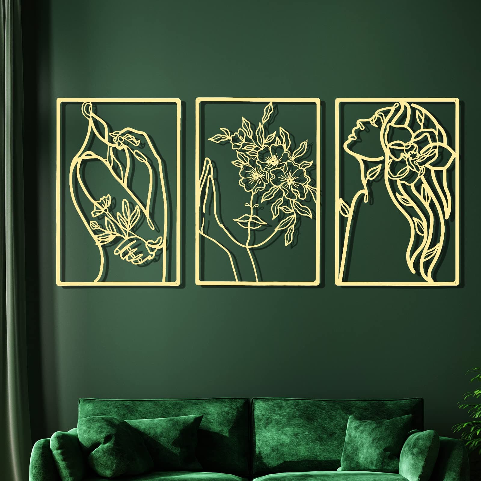 CHENGU 3 Pieces Minimalist Metal Abstract Woman Line Drawing Wall Art for Kitchen, Bathroom, Living Room (Gold,Flower)