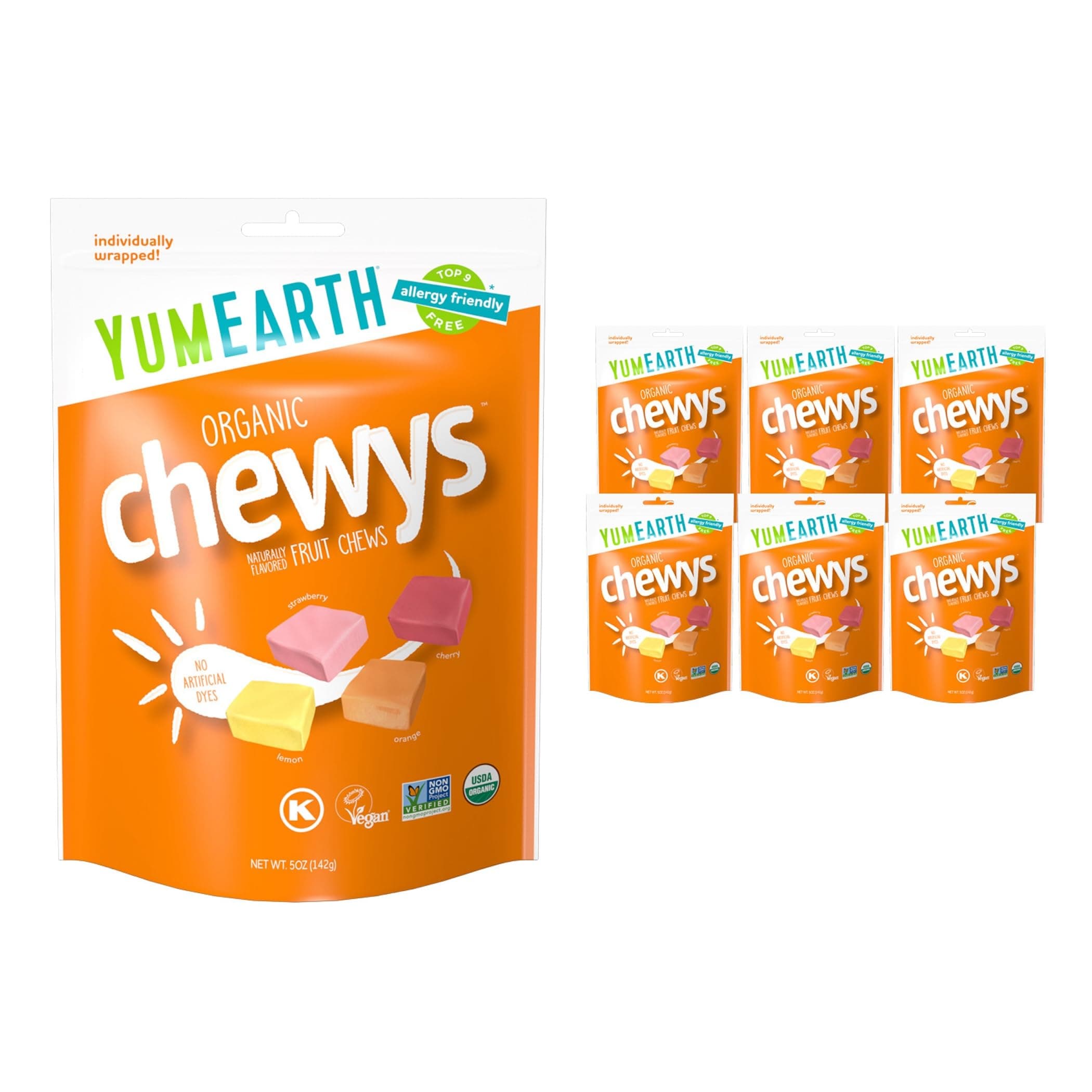 YumEarth Organic Chewys Fruit Flavored Candy Chews, 5oz. (Pack of 6), Allergy Friendly, Gluten Free, Non-GMO, Vegan, No Artificial Flavors or Dyes