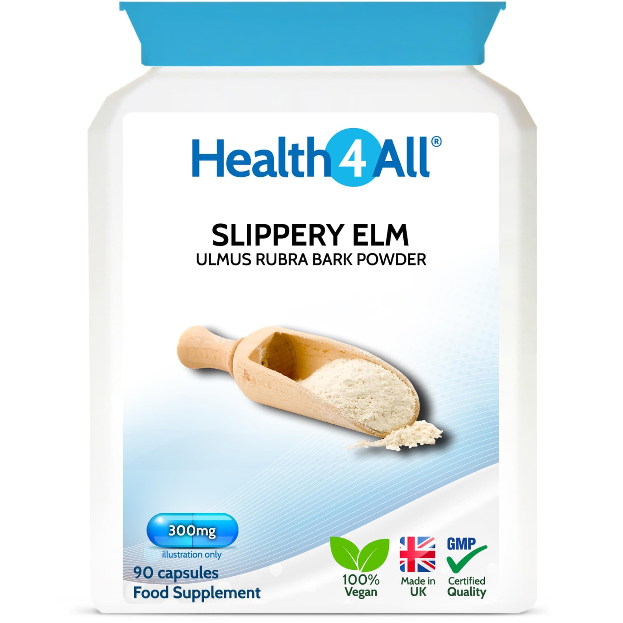 Health4All Slippery Elm 300mg 90 Capsules (V) Digestive Health. Acid Reflux Support. Vegan. Made in The UK