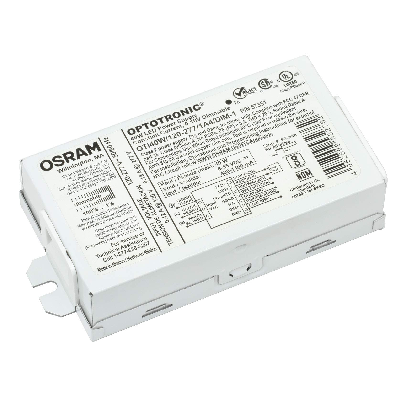 57351 Optotronic 40W 120/277V AC 50/60Hz Constant Current Dimmable Compact LED Driver OTi 40W/120-277/1A4 DIM-1