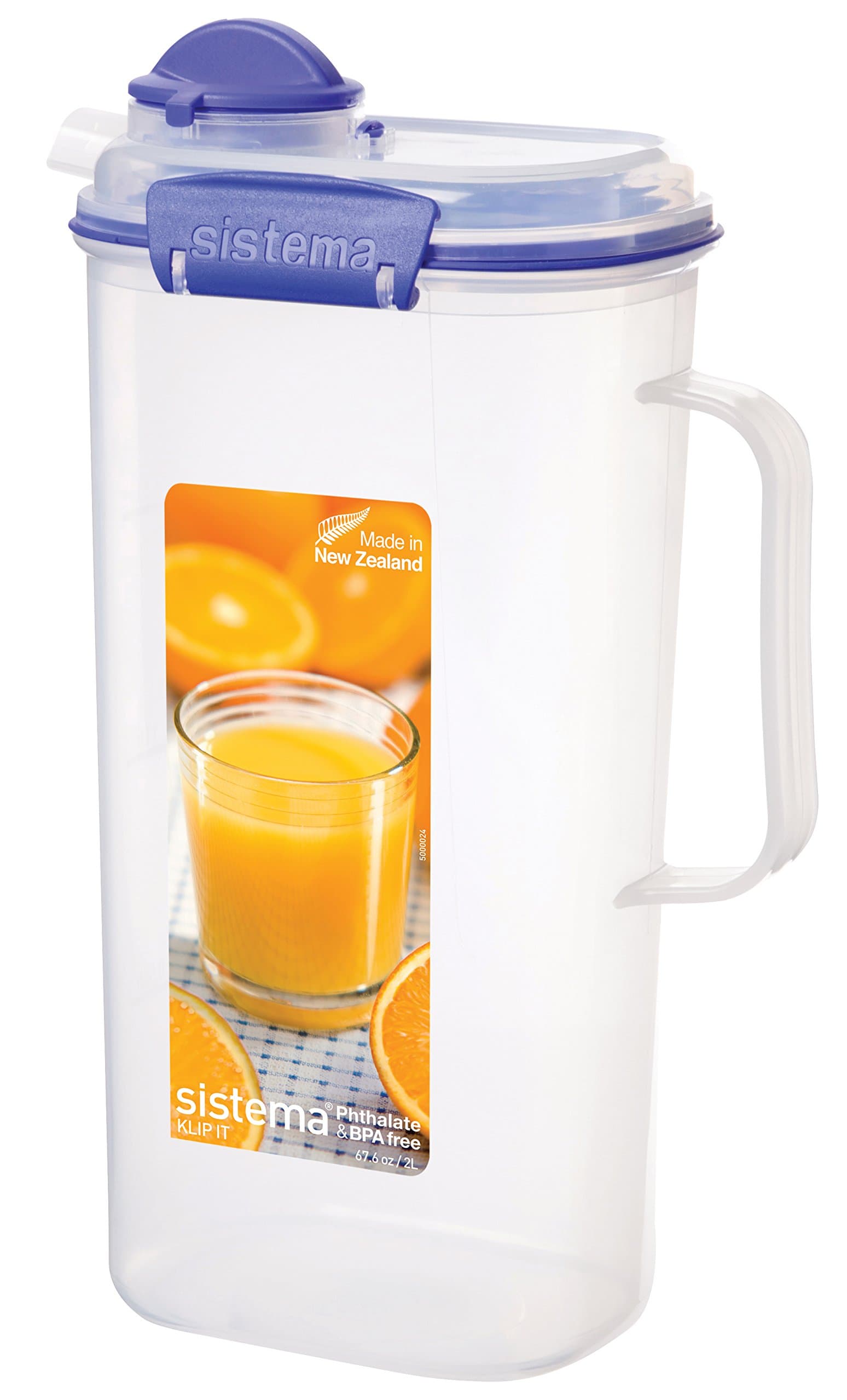 Sistema 1420ZS KLIP IT Juice and Water Pitcher | 2 L | Non-Drip Juice Jug with Easy Pour Spout | BPA-Free | Clear/Blue