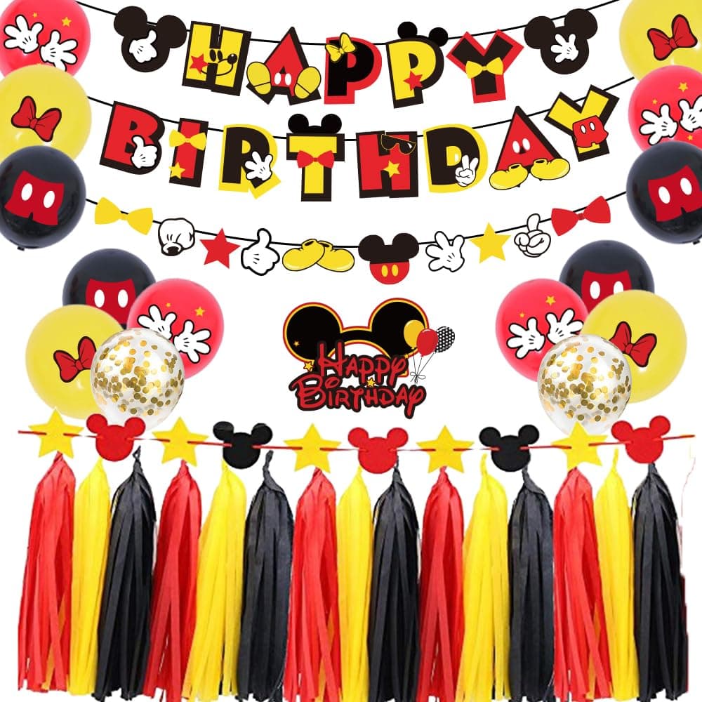 PRATYUS Mickey Birthday Decorations For Party Suppies With Birthday Banner and Garland, Cake Topper and Ballons