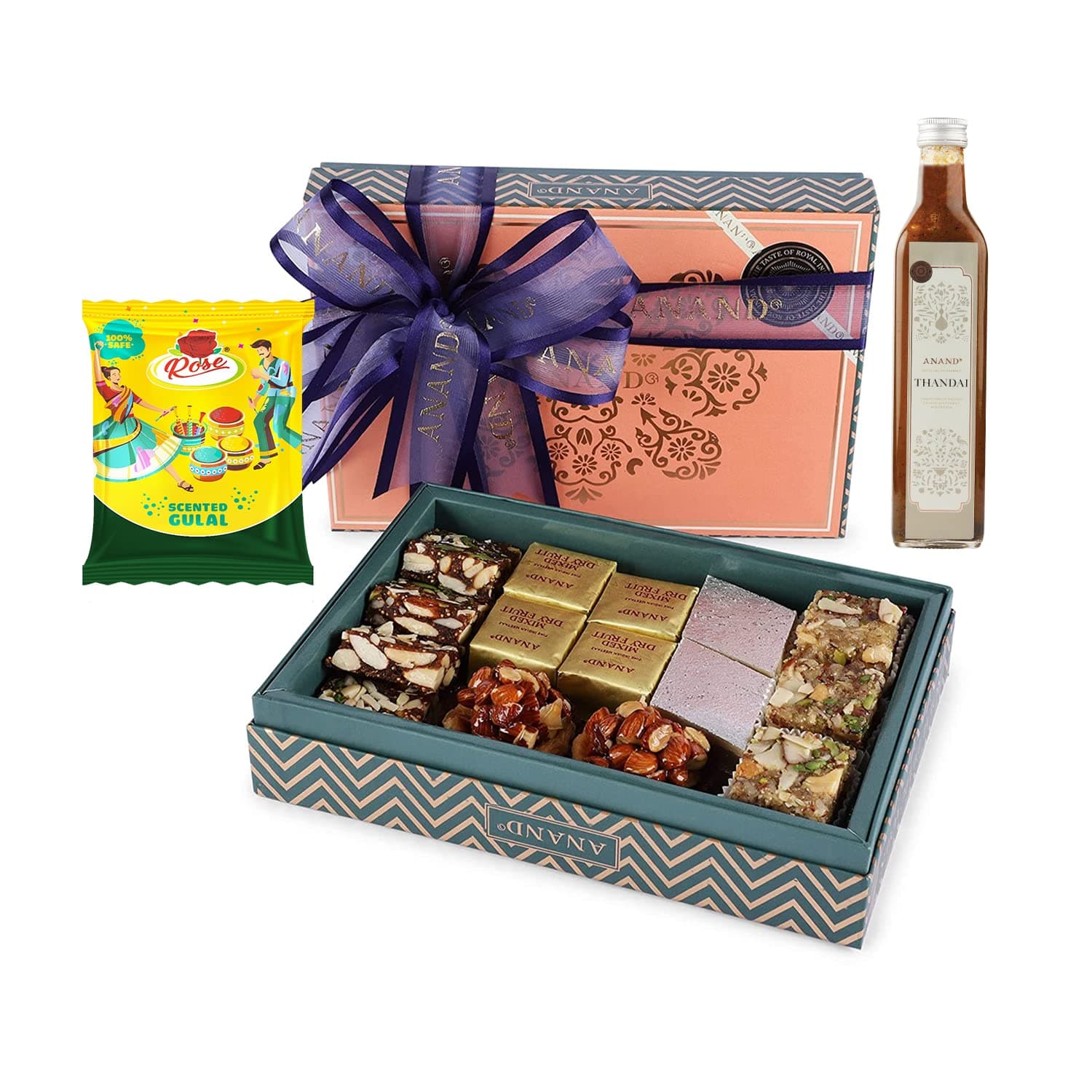 ANAND Royal Delicacies Assorted Sweets Holi Gift Box - 350g | Premium Holi Mithai Box with Kaju Katli, Anjeer Dry Fruit Burfi, Baklava, Kardant, Meetaaz | Holi Combo Pack with Organic Color & Thandai Concentrate