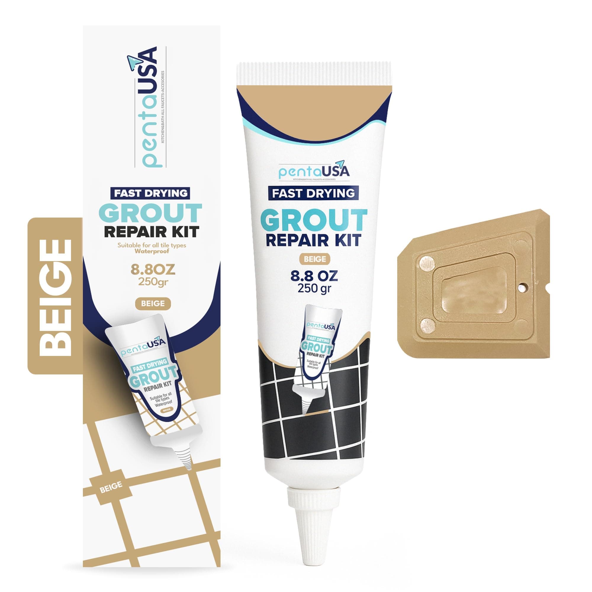 Grout - Ready Mixed Grout Reviver - Fast Drying, No Sealer Required, Perfect for Bathroom, Shower and Kitchen + Mould Protection - 250gr (Beige)