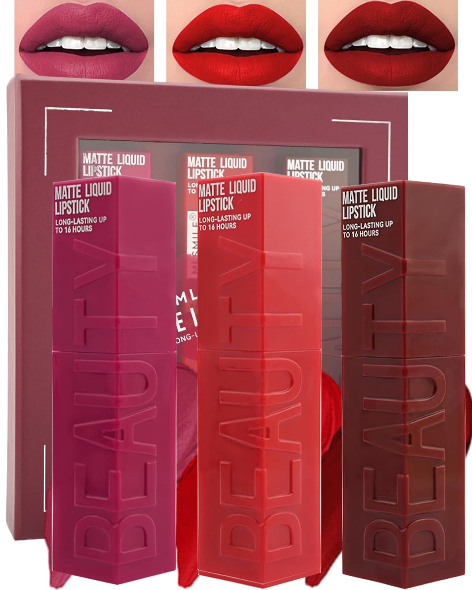 Matte Liquid Lipstick Set-3Pcs High Pigmented Lip Stain Tint,Matte Velvet Lip Gloss,Up to 16H Wear Lipgloss,Long Lasting Waterproof Non-Stick Tinted Lipstain,Christmas Makeup Gift Kit for Women-B