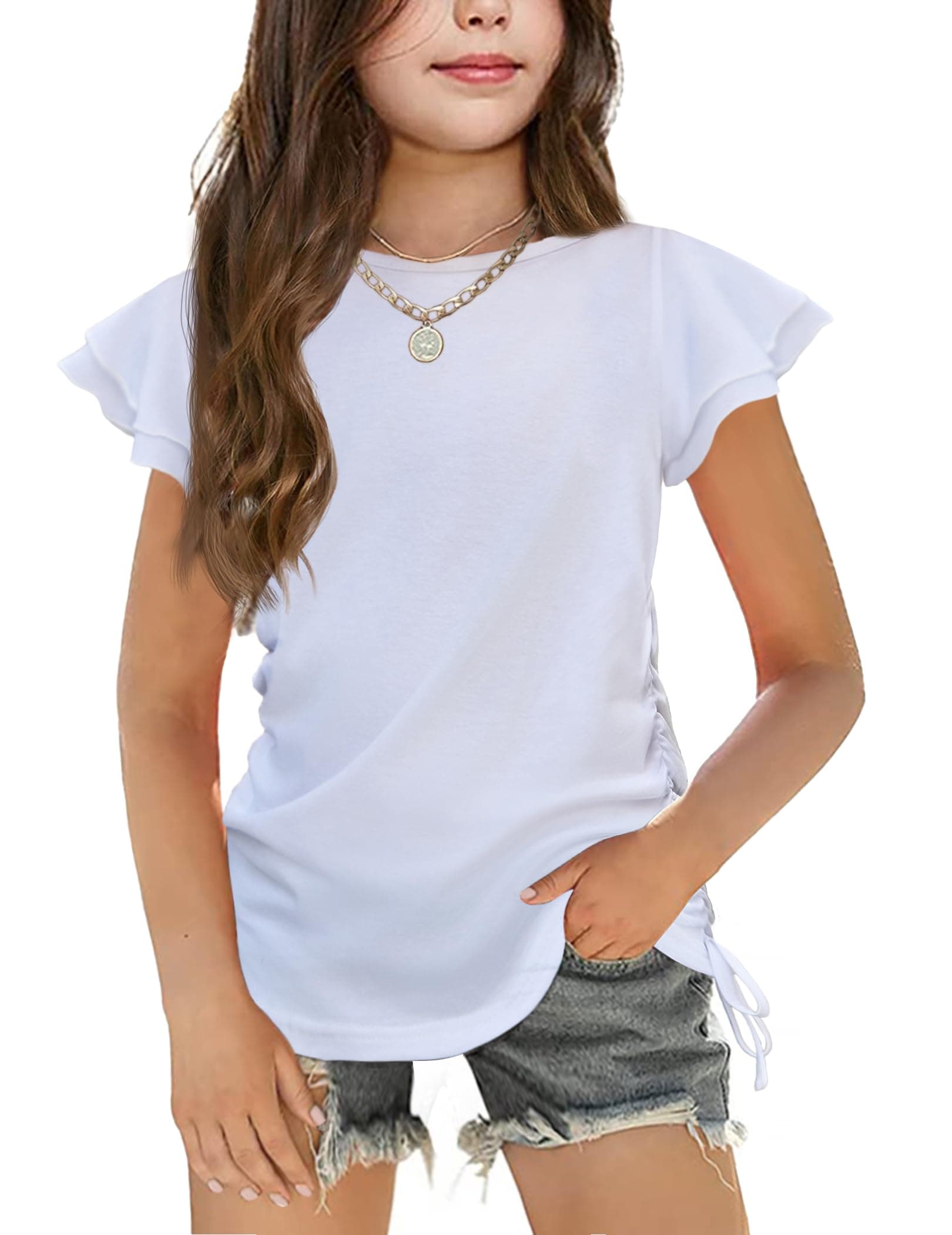 Arshiner Girls T Shirts Ruffle Short Sleeve Ruched Knot Side Tunic Blouse Summer Tee Tops