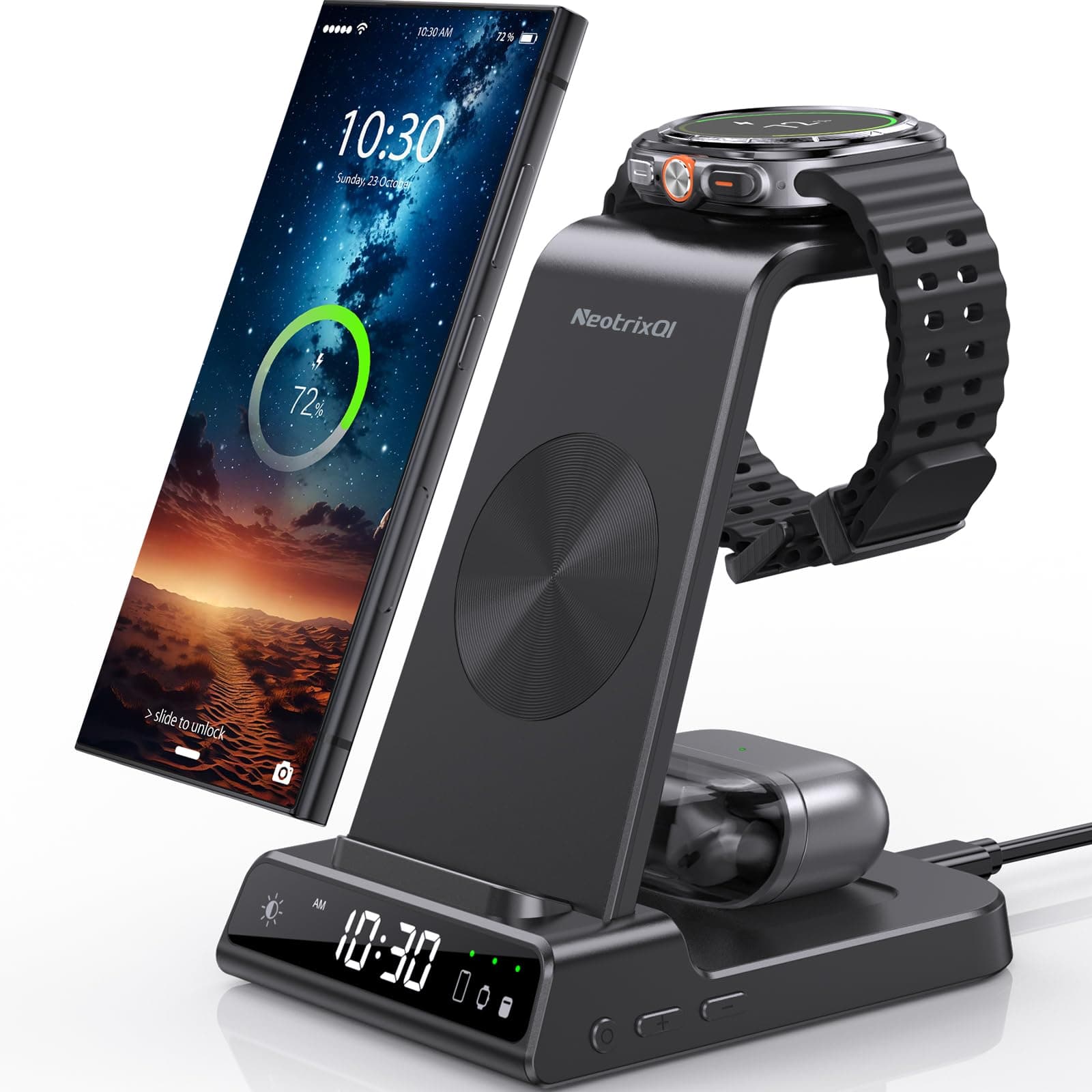 Wireless Charger Samsung Charging Station: 3 in 1 Android Charging Stand with Dimmable Clock - Nightstand Organizer for Galaxy S25 Ultra S24, Galaxy Watch 8 7 6 5 4, Galaxy Buds, Space-Saving Charger