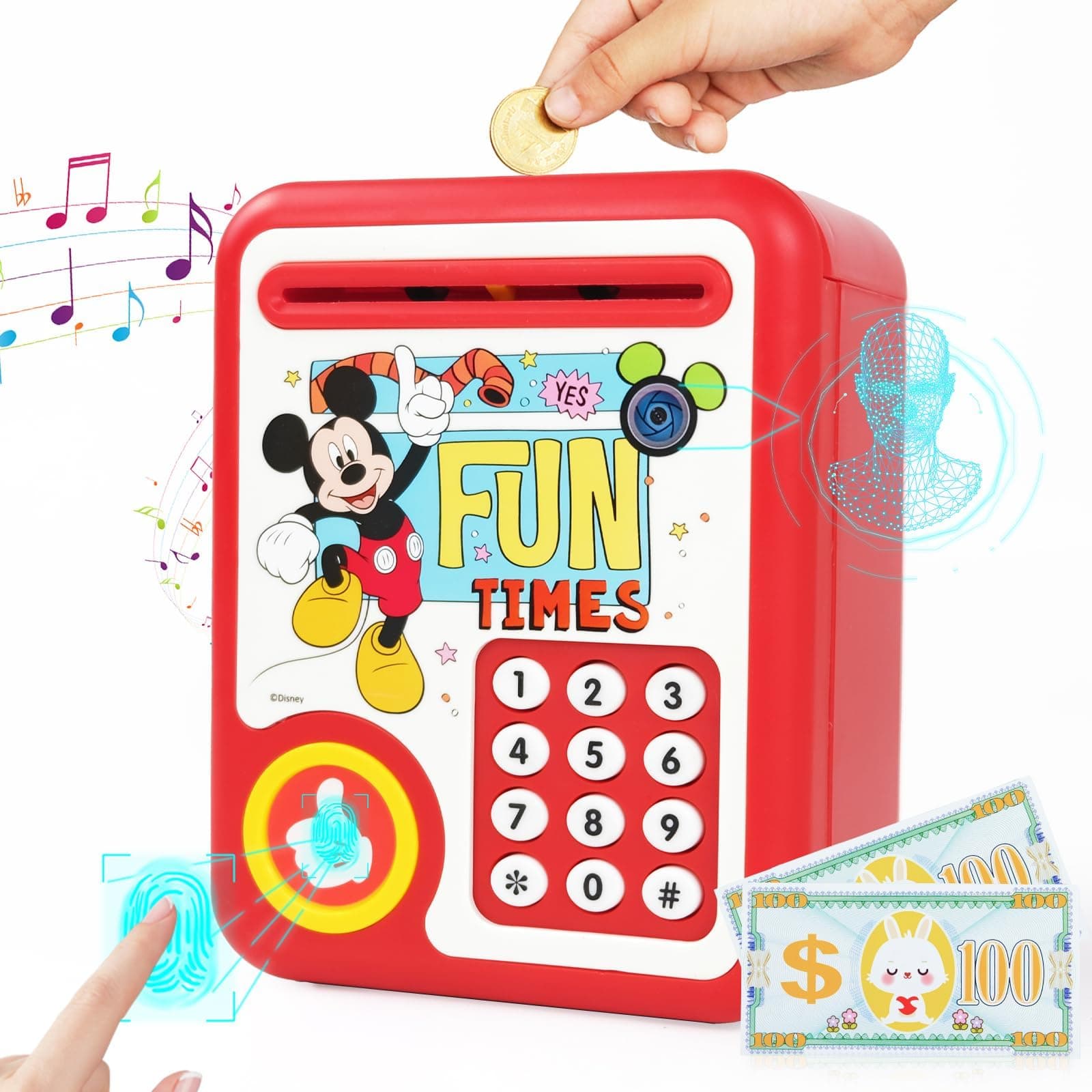MAKINGTEC Electronic Piggy Bank Money Bank ATM Bank Machine Face Recognition Fingerprint Unlocking Music Player Animal Sounds Mini Piggy Bank Children's Toys Christmas Birthday Gifts