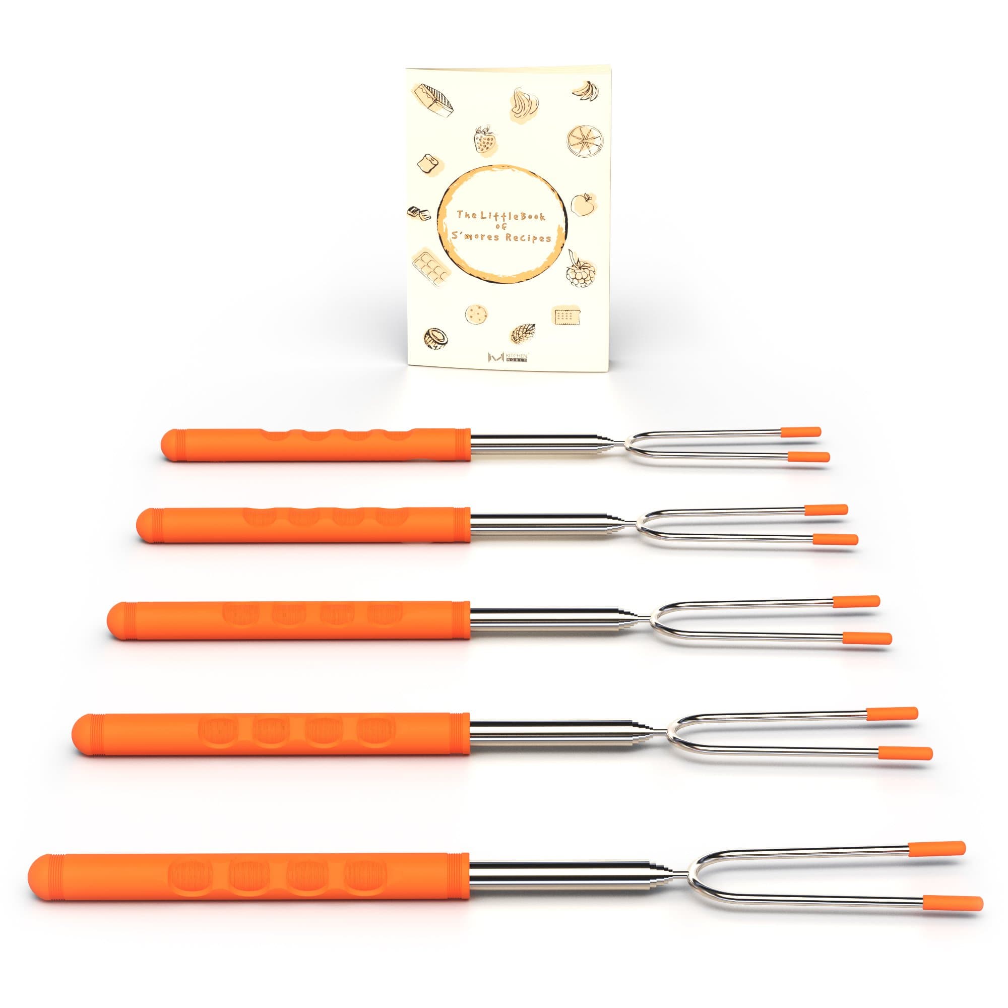 M KITCHEN WORLD Marshmallow Roasting Sticks | Telescopic Smores Skewers Hot Dog Extending Stainless Steel Fork | Set of 5 | Fire Pit, Camping, Campfire, Bonfire Kids X-Large Orange