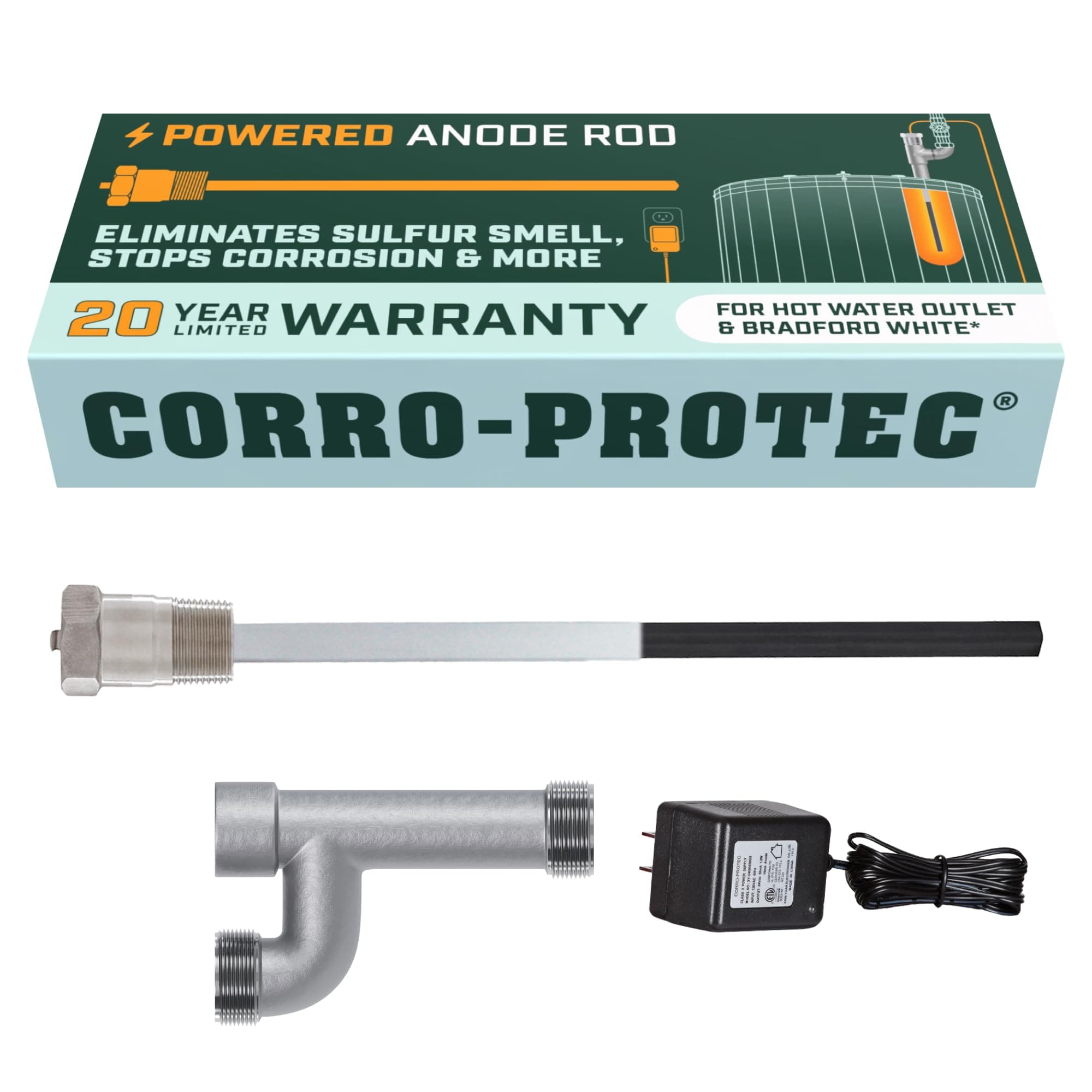 Powered Anode Rod for Bradford White Water Heater and Hot Water Outlet Installation, Eliminates Rotten Egg/Sulfur Smell within 24 hours and Stops Corrosion Inside Tank, 20-Year Warranty