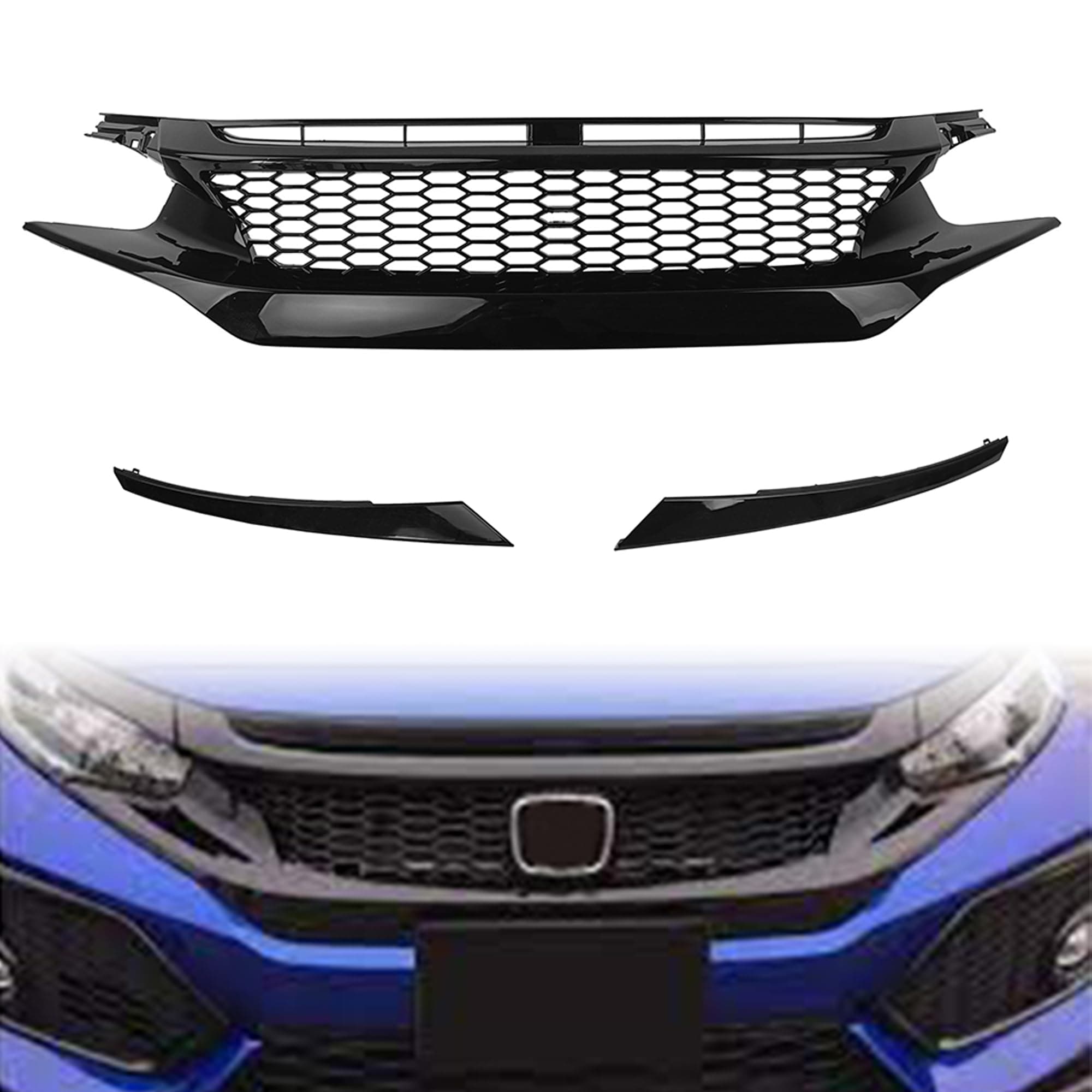 PartsFlow Front Bumper Grille Honeycomb Mesh Grill Glossy Black For 2016 2017 2018 2019 2020 2021 Honda Civic