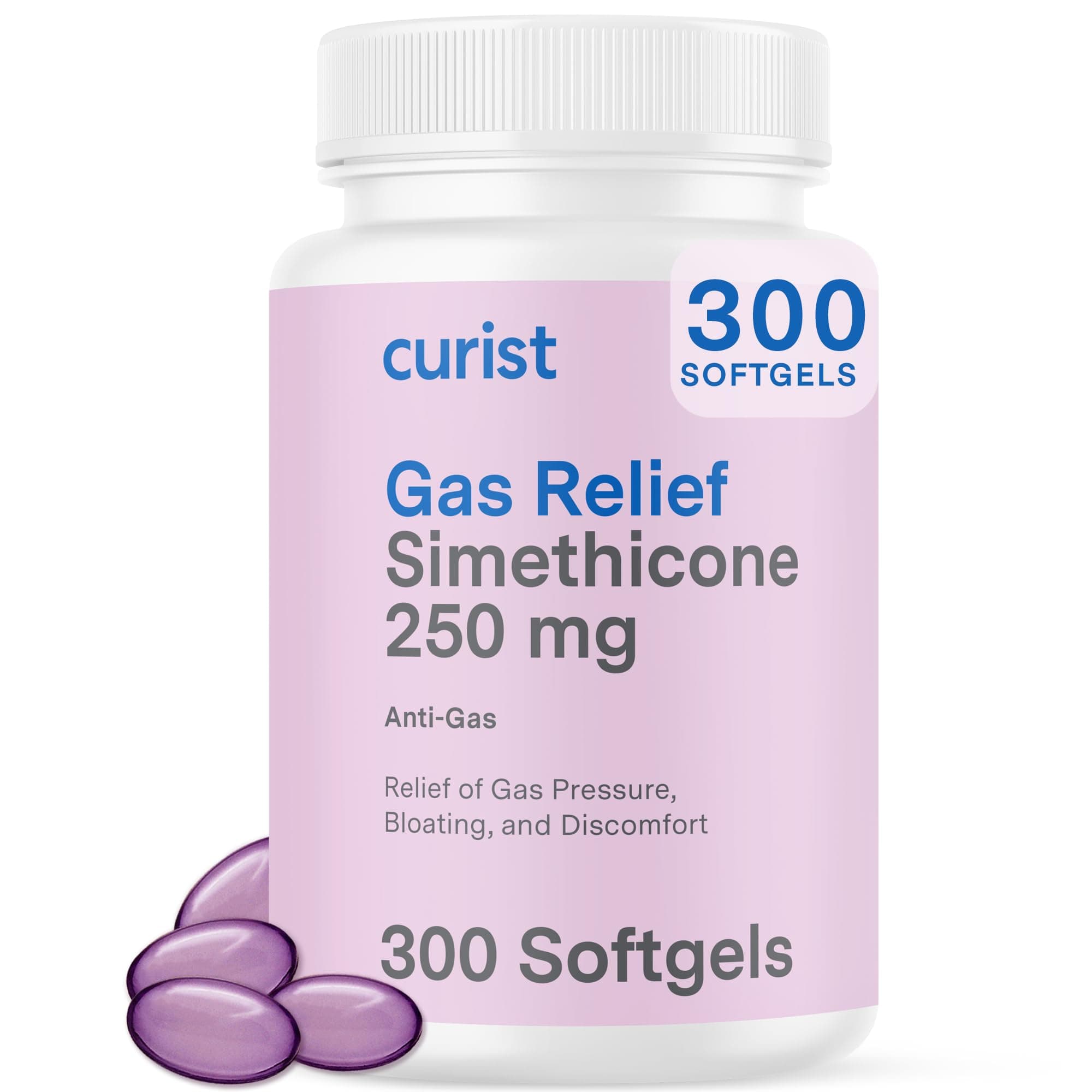 Curist Gas Relief Simethicone 250 Mg Softgels (300 Count) - Digestive Relief, Bloating & Anti Flatulence Pills For Adults Aids And Soft Gels)