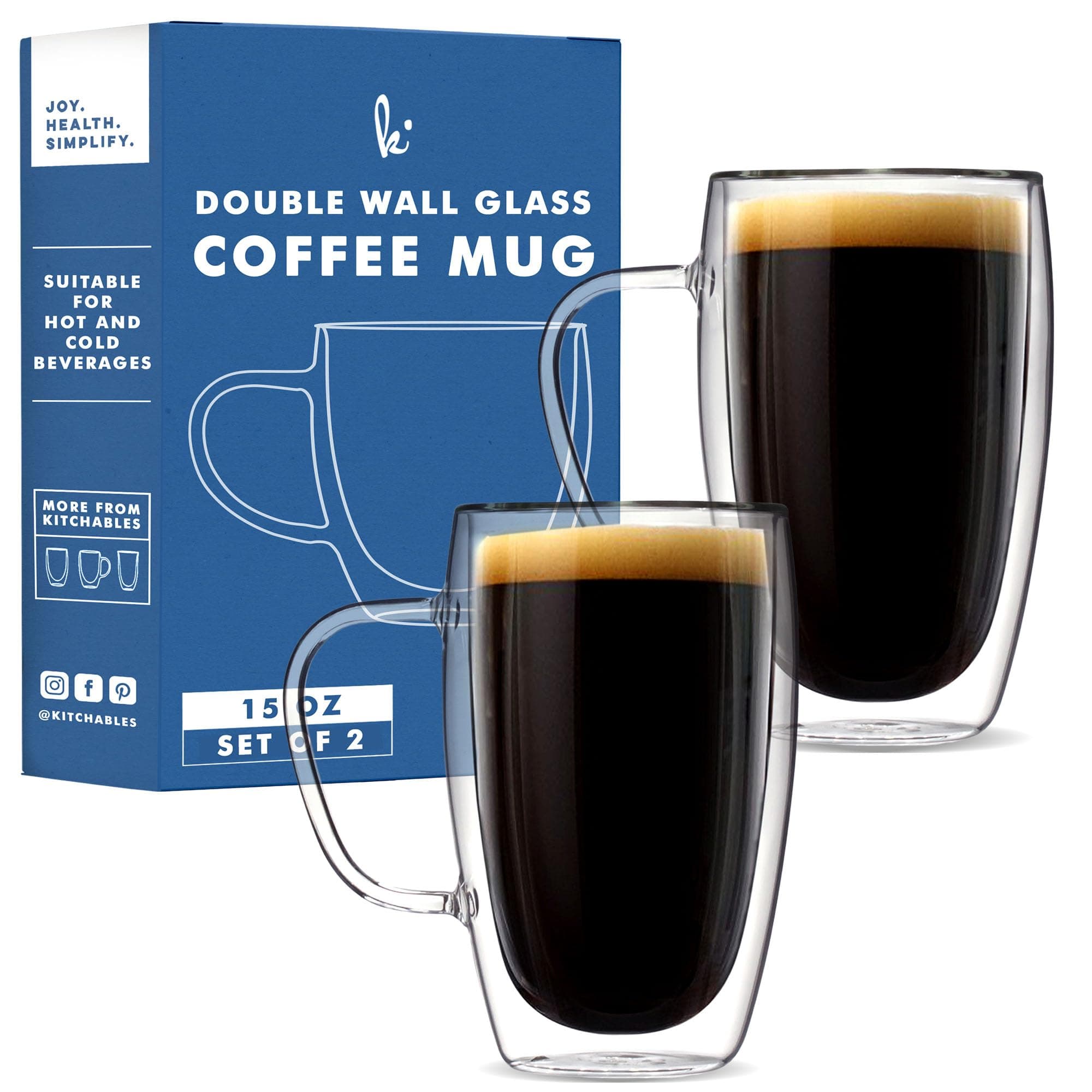 Kitchables Double Walled Glass Coffee Mugs Set of 2, 15oz - Insulated Glass Coffee Mugs for Cappuccino, Latte, Tea, Espresso - Latte Cup - Tazas Para Cafe