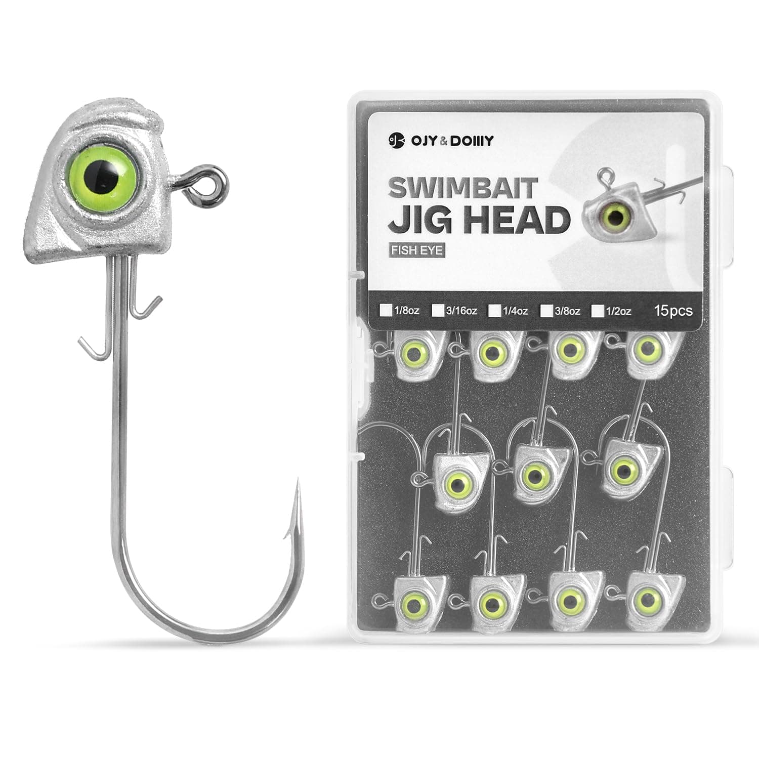 OJY&DOIIIY Swimbait Jig Heads with Chartreuse Fish Eye, 1/8 3/16 1/4 3/8 1/2oz Jigheads for Freshwater&Saltwater Fishing 15-Pack