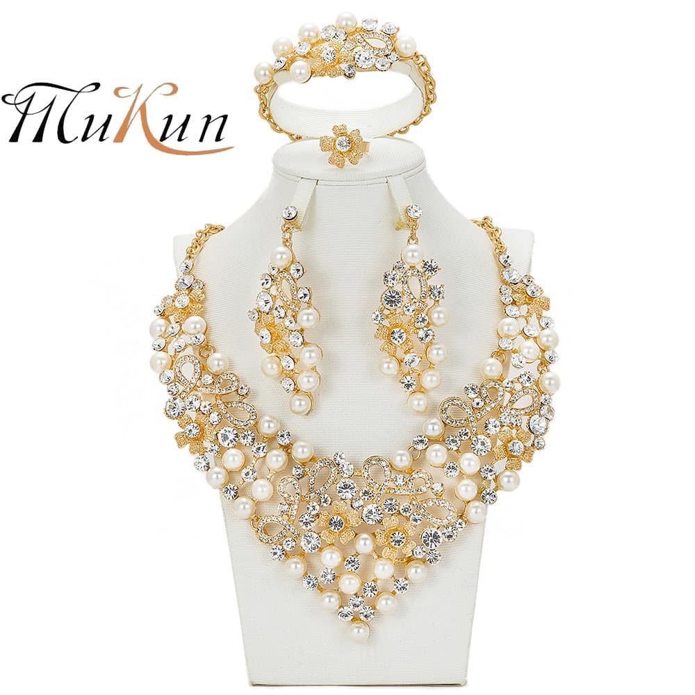 MUKUN Wedding Gold Plated Pearl Beads Jewelry Sets, Dubai Necklace Earrings Jewelry Sets Banquet,Gold Pearl Bridal Necklace