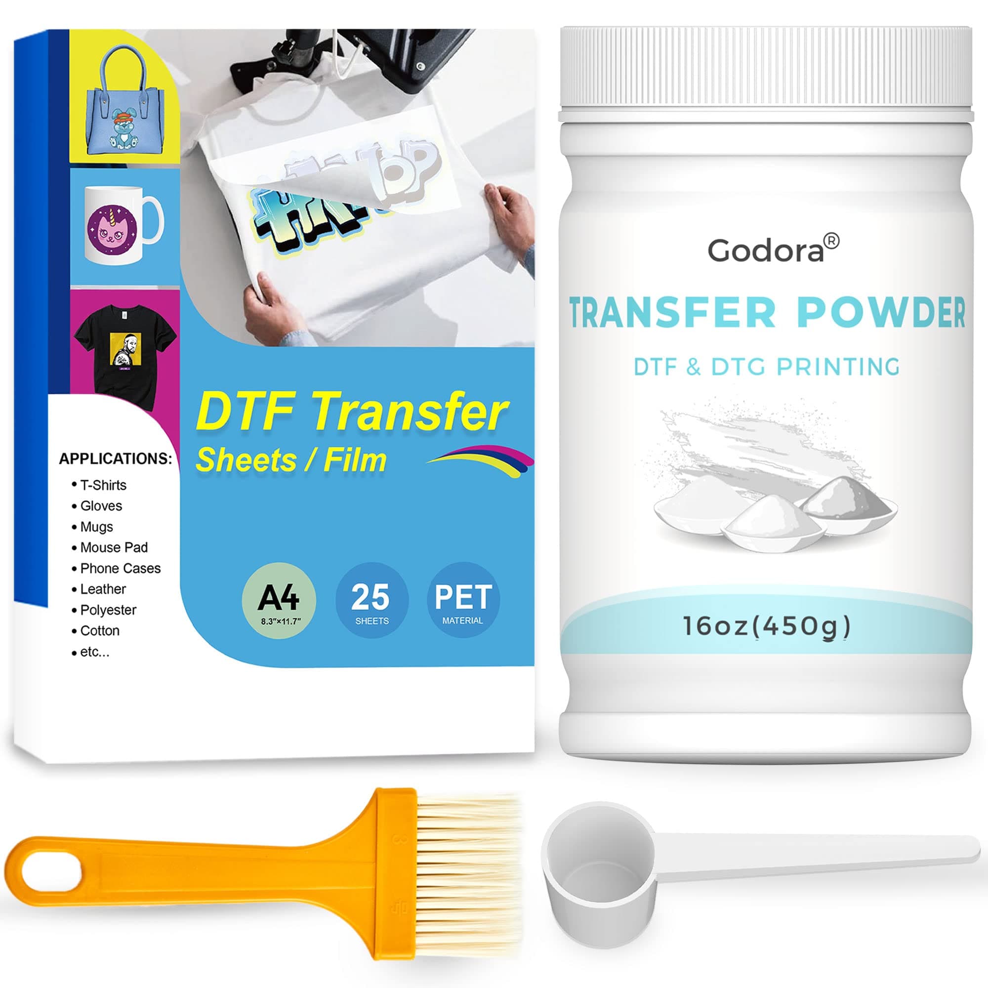 16 oz DTF Powder White Digital Transfer Hot Melt Adhesive and 25 Sheets A4 DTF Transfer Film (8.3 x 11.7 inches) for All DTF Printers and Materials (Textile, Polyester, Cotton, etc.) - by Godora