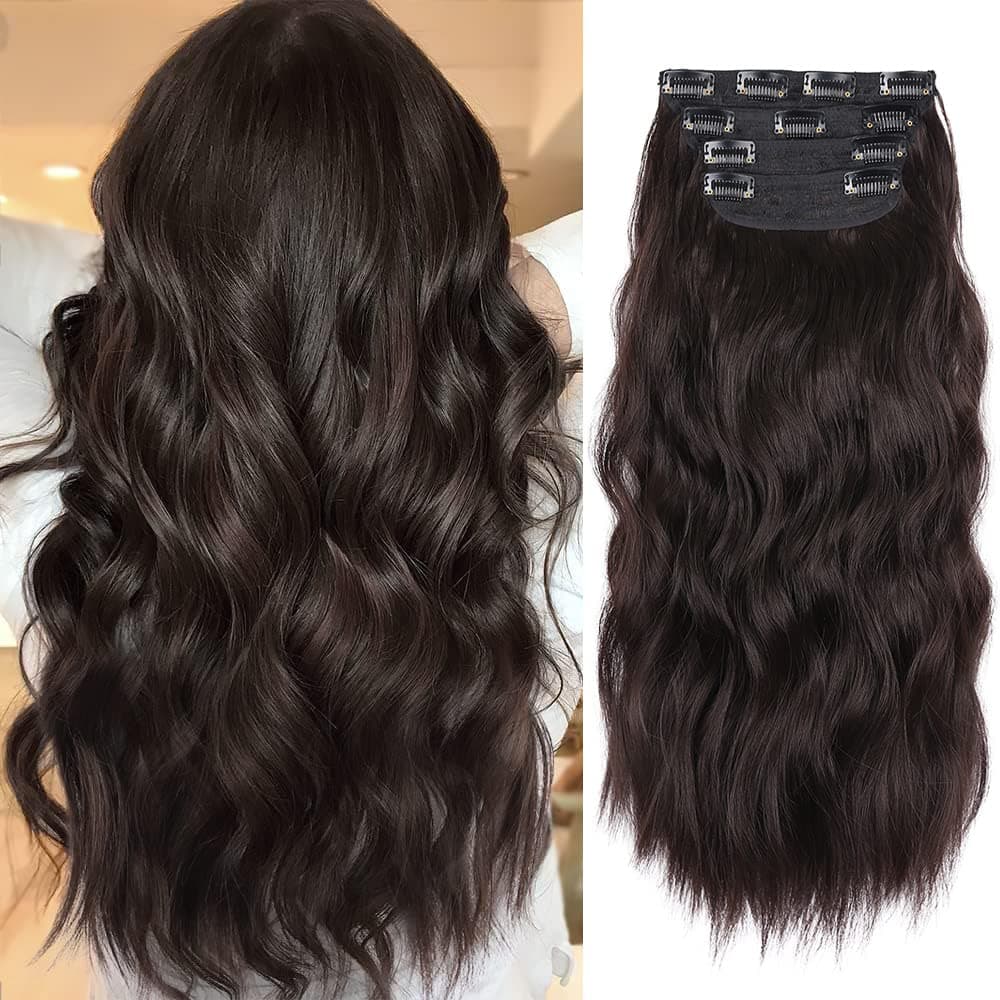 4Pcs Clip in Hair Extensions, Long Wavy Synthetic Hair Extension Clip in, 20 Inches Dark Brown Hair Extensions for Women (Color: Brown with a Slight Auburn Luster)