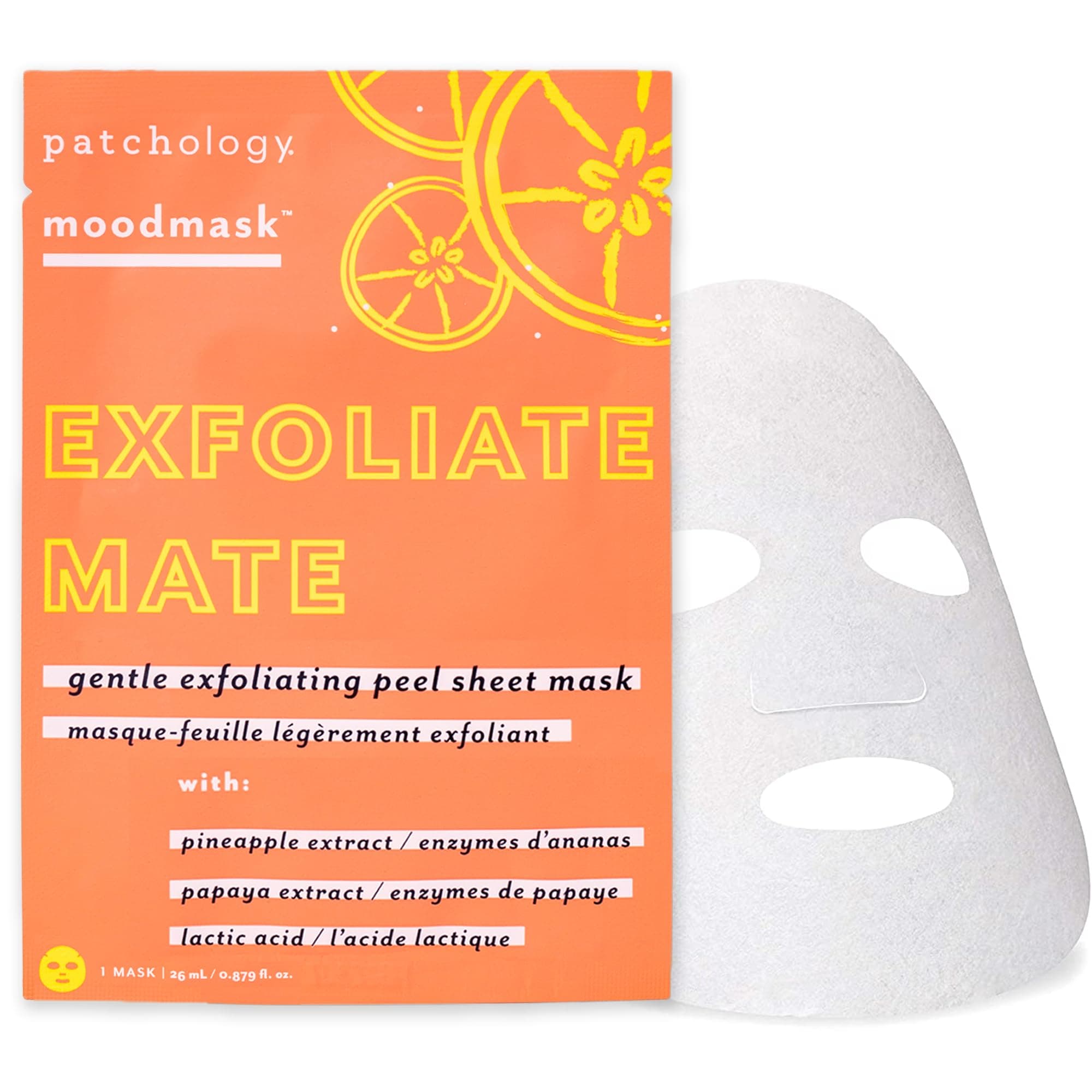 Patchology Exfoliating Face Mask - Exfoliate Mate Sheet Mask with Papaya and Pineapple gently unclogs pores and brightens skin, Lactid Acid (AHA) helps reduce fine lines and wrinkles (1 Mask)