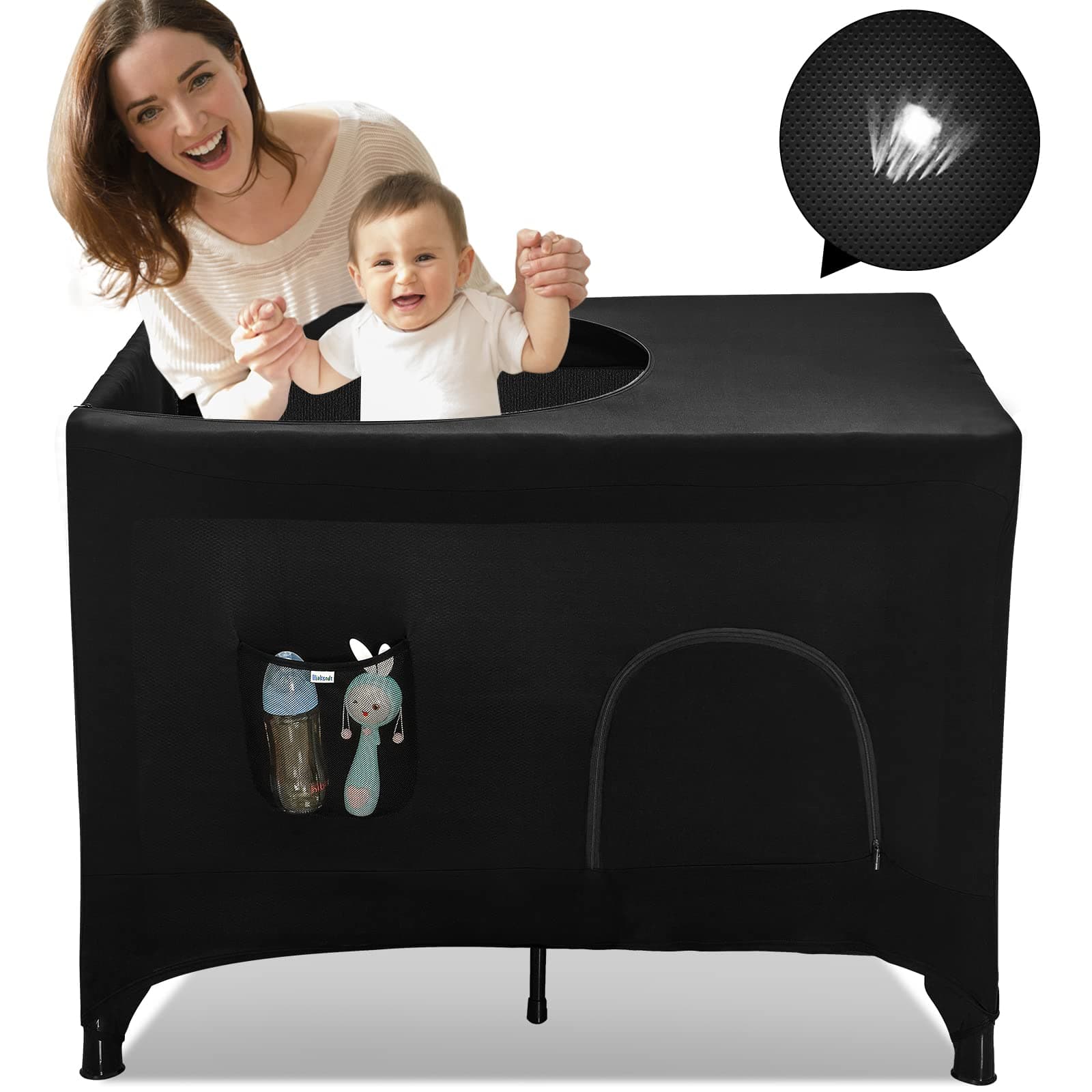 Pack N Play Blackout Cover, Crib Canopy Cover for Pack and Play, Breathable Blackout Tent for Travel Crib, Portable Stretchy Netting Cover for Indoor Outdoor Travel Playard