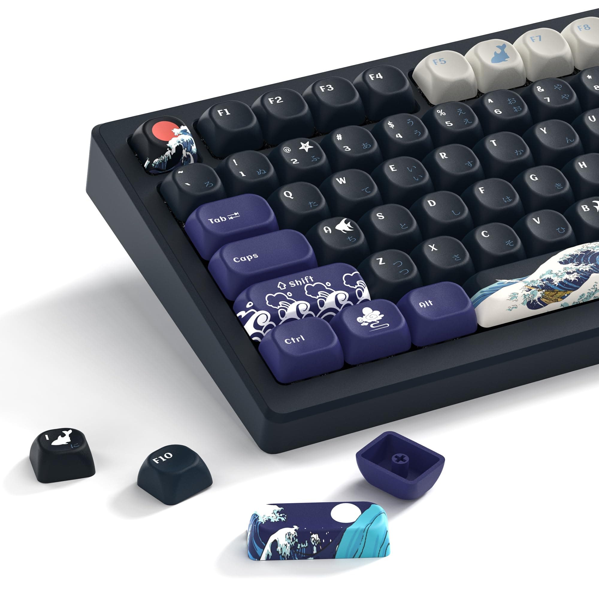 Womier PBT Black Keyboard Keycaps, Japanese MOA Keycaps for Mechanical Keyboard, Cute Custom Dye-Sublimation Key Cap for 60 65 75 100 Percent, Kanagawa