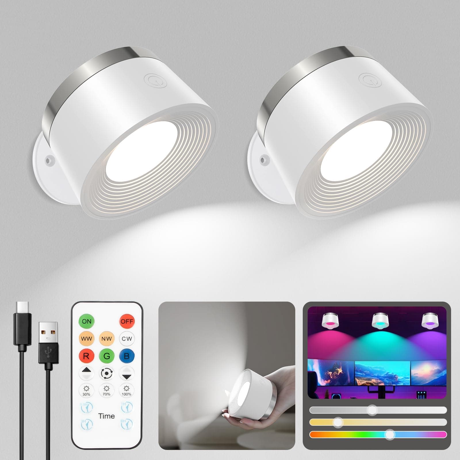 – Battery Operated Wall Lights 2 Pack, LED Rechargeable Wall Lights Indoor, 3500mAh Magnetic Wall Lamp with Remote, 3 Color Temperatures & 13 RGB & Dimmable 360° Free Rotation Wall Sconces
