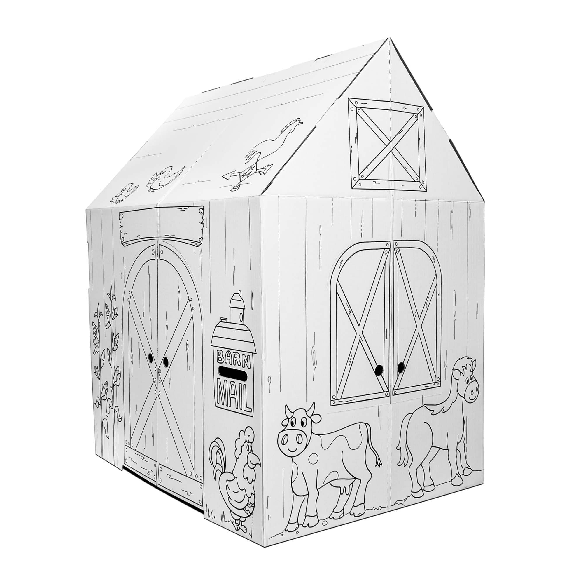 Easy Playhouse Barn - Kids Art & Craft for Indoor & Outdoor Fun, Color Favorite Farm Animals – Decorate & Personalize The Cardboard Fort, 32 by 26. 5 by 40. 5 inches - Made in USA, Age 3 and up