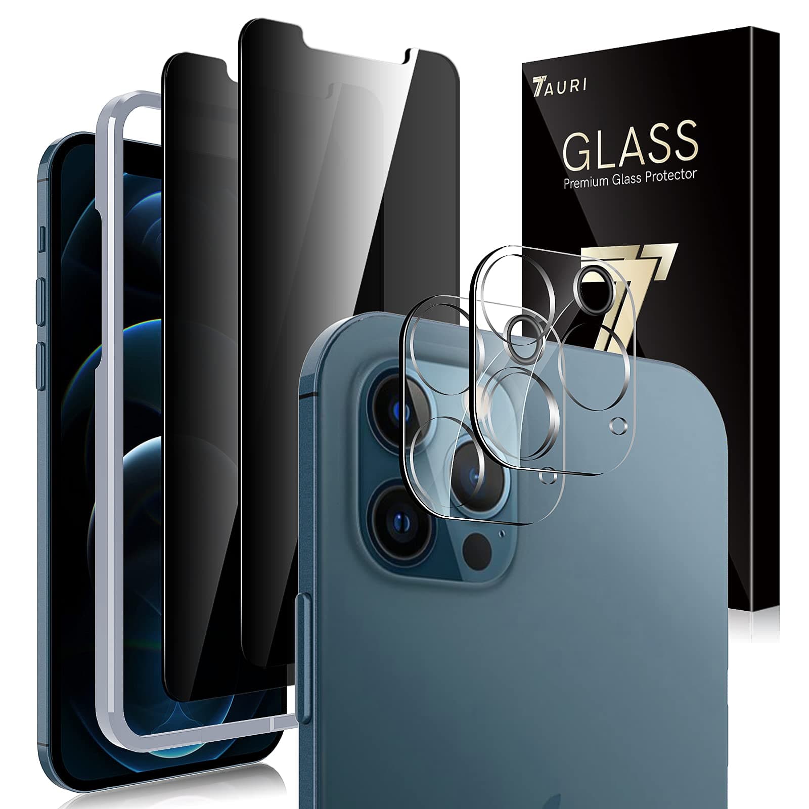 TAURI [2+2 Pack Compatible with iPhone 12 Pro Max Privacy Screen Protector 6.7 inch 2 Pack and Camera Lens Protector 2 Pack, Anti Spy Tempered Glass Easy Installation Frame Bubble Free