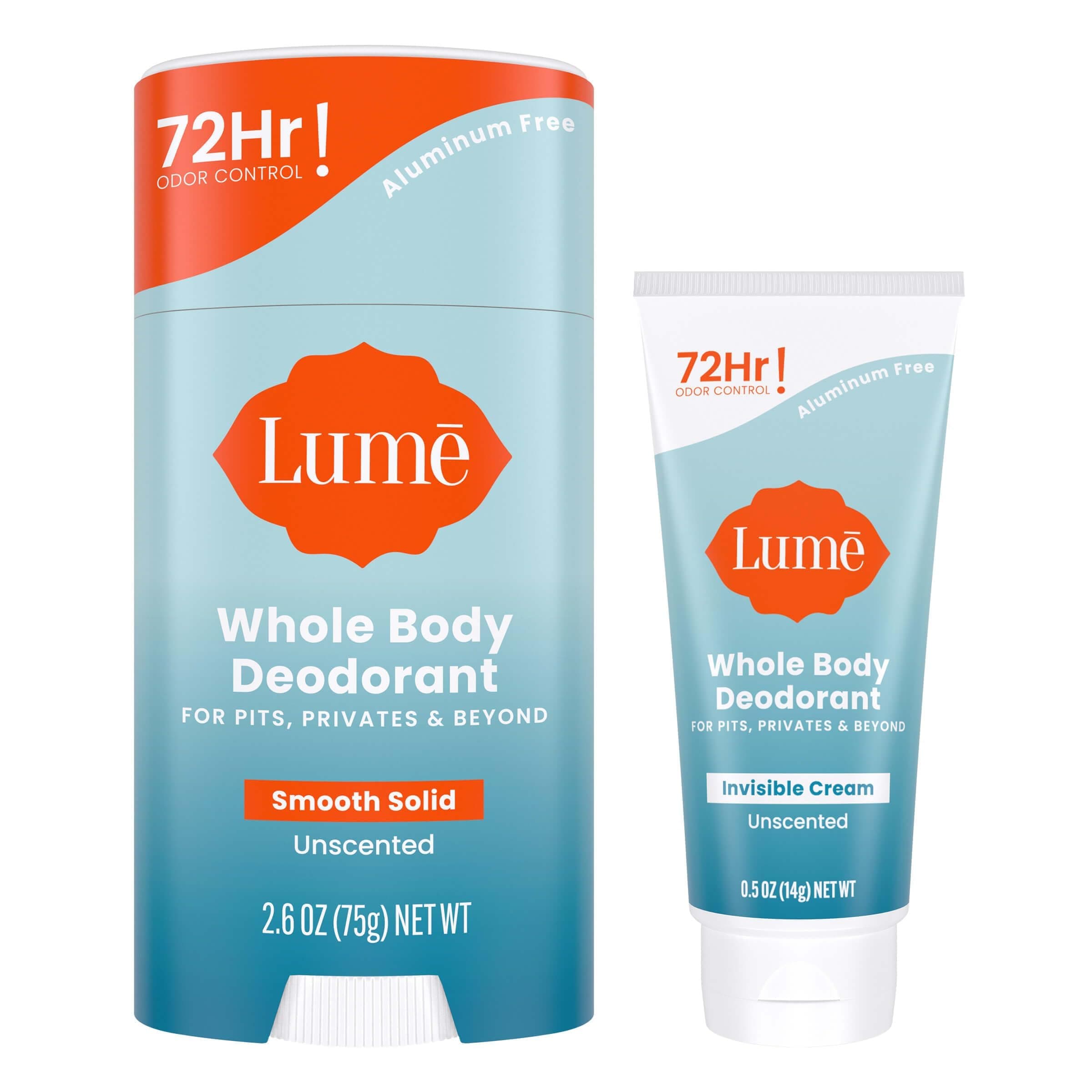 Lume Full Body Deodorant Invisible Mini Cream Tube + Hard Pen Pack Odour Control After 72 Hours, Aluminium and Sodium Bicarbonate Free, Skin Lovers (Fragrance Free)