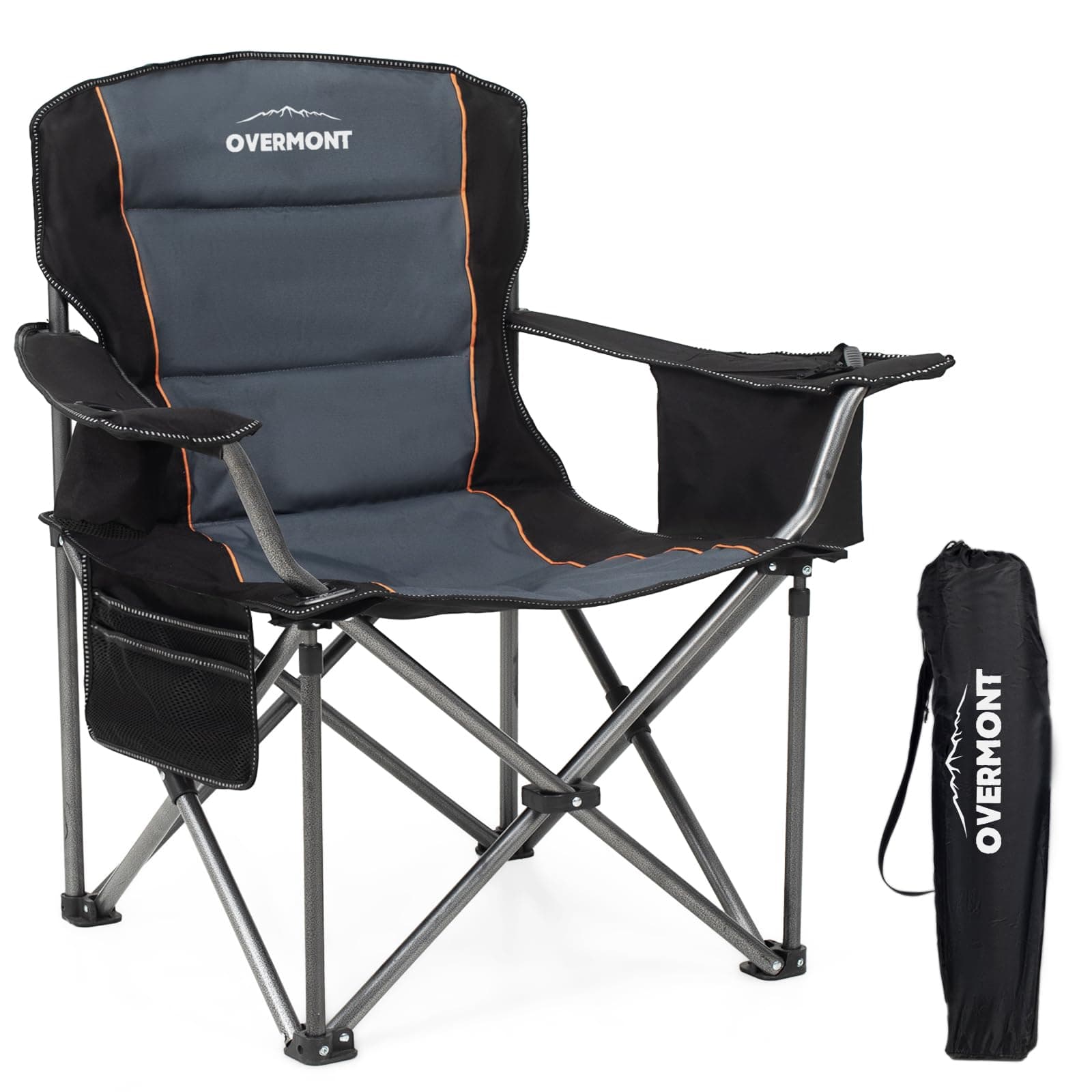 Overmont Oversized Camping Chair 385LBS Support Padded Portable Folding Arm Chair Heavy Duty Steel Frame Collapsible with Cup Holder Cooler Pocket Quad Lumbar Back for Outdoor Beach Fishing