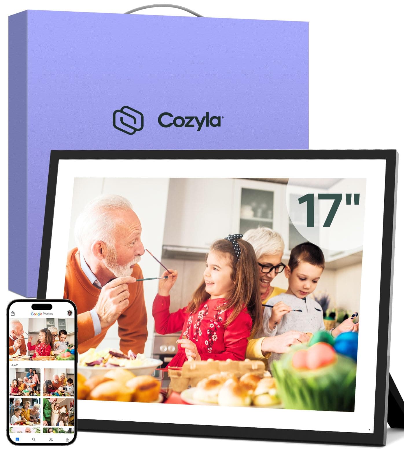 Cozyla 17'' Large Digital Picture Frame WiFi AI-Enhanced Free Unlimited Storage Wall Mount Share Photo&Video via Apps Smart Digital Photo Frame Electric Picture Frame Slideshow Display Mat