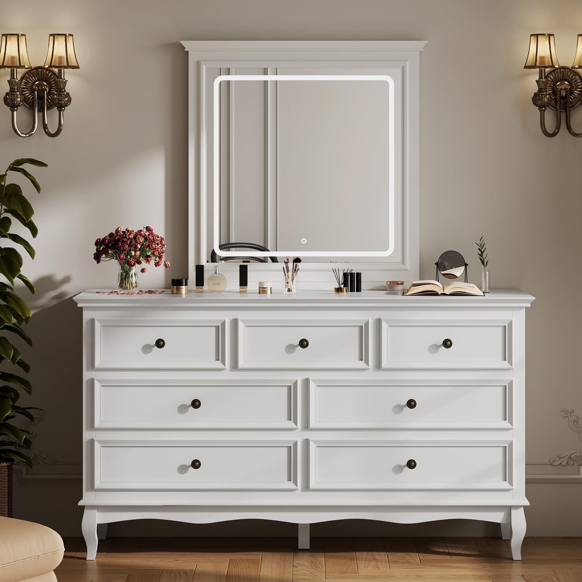 RoyalCraft White 7 Drawer Dresser with Mirror, Large Chest of Drawers for Bedroom, Makeup Vanity with LED Mirror, Modern Wood Dresser for Living Room, White