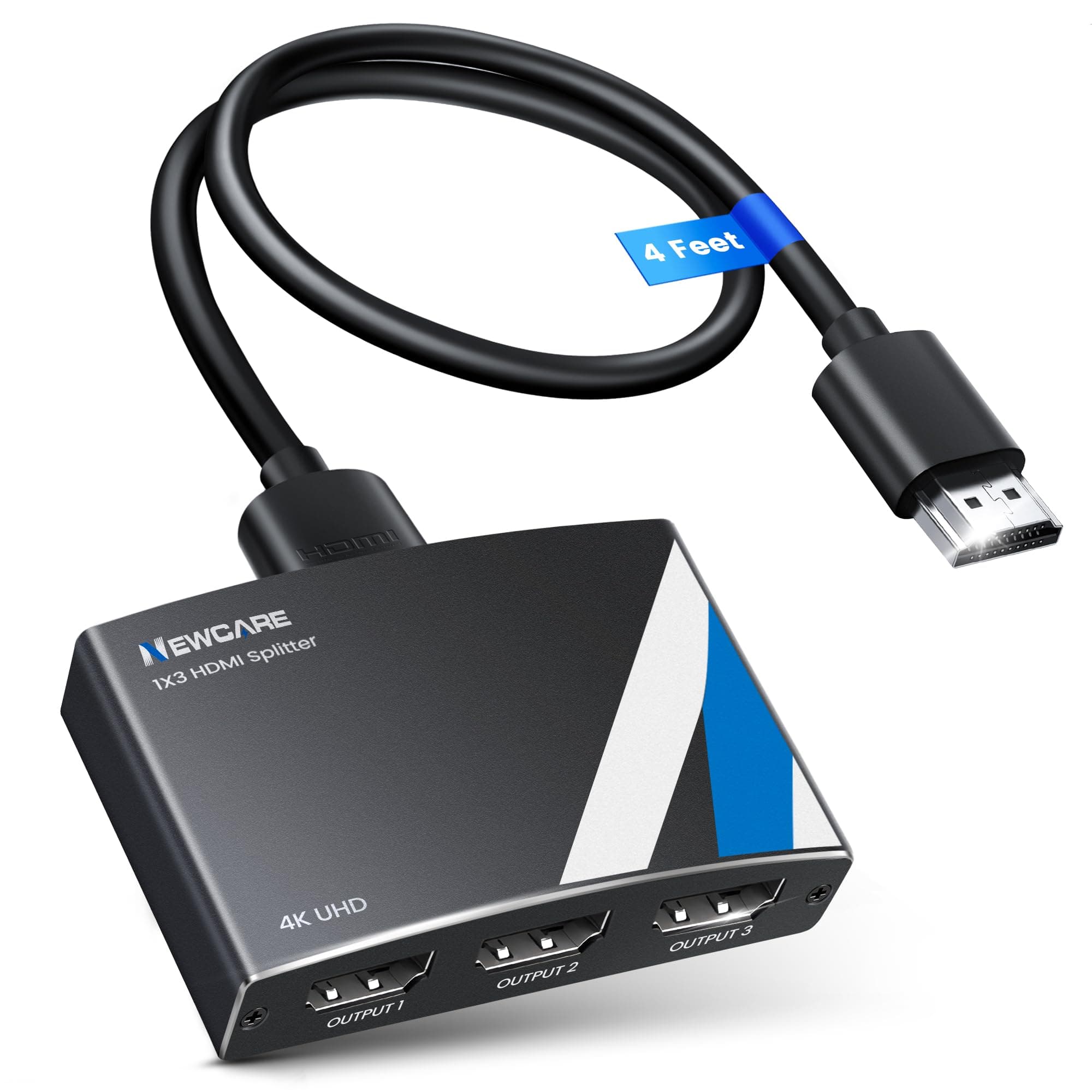 NEWCARE 4K HDMI Splitter 1 in 3 Out [with 4 FT Hdmi Cable and Power Adapter]-Not Support Extended Display, Aluminum Alloy 1×3 HDMI Splitter Support 4Kx2K,1080P,3D, DTS/Doby-TrueHD for Xbox PS5/4 Roku