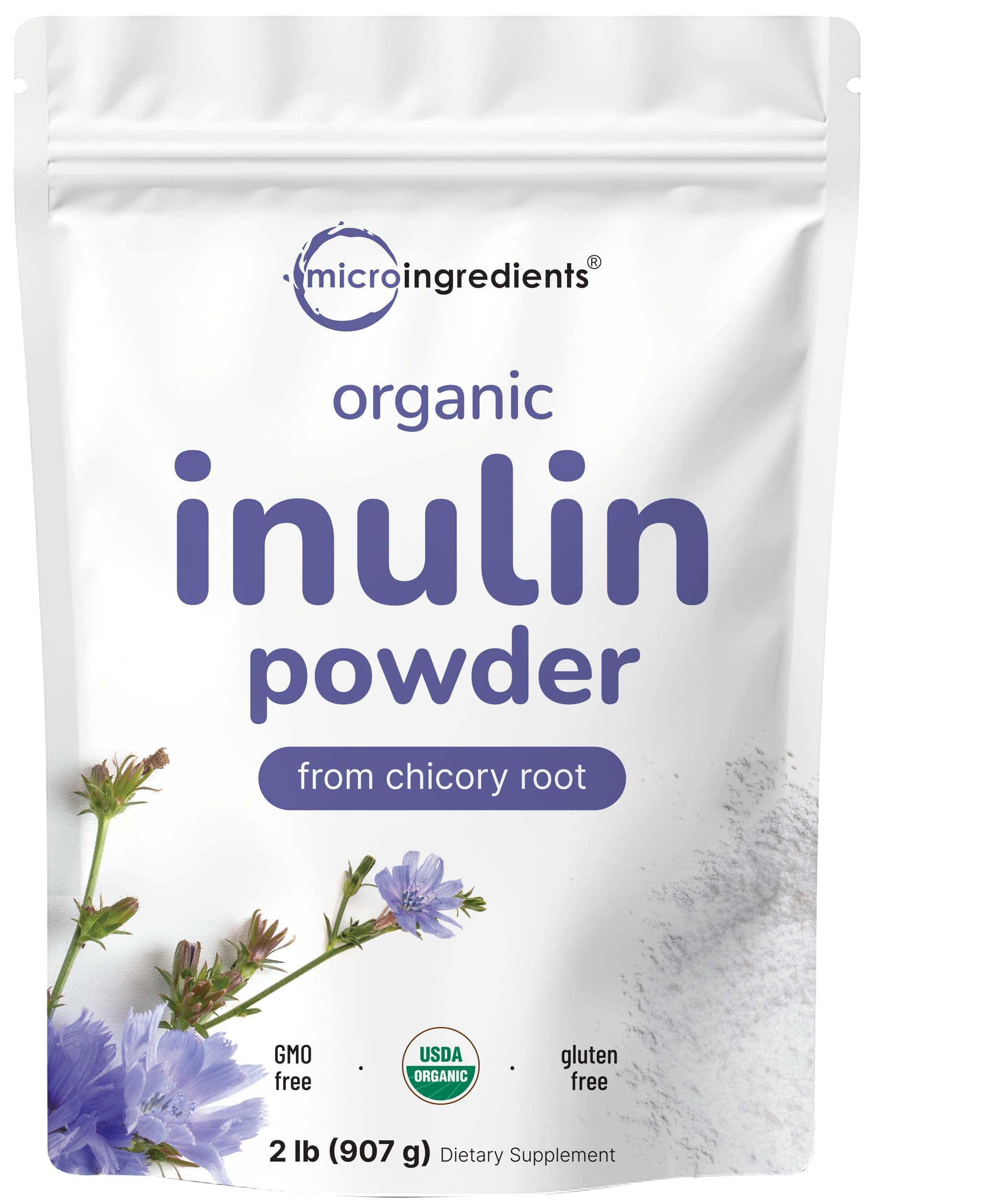 Micro Ingredients Organic Chicory Root Inulin Powder, 2 Pounds | Natural Prebiotic Fiber Supplement | Intestinal Support for Colon and Gut Health | Non-GMO and Vegan Friendly