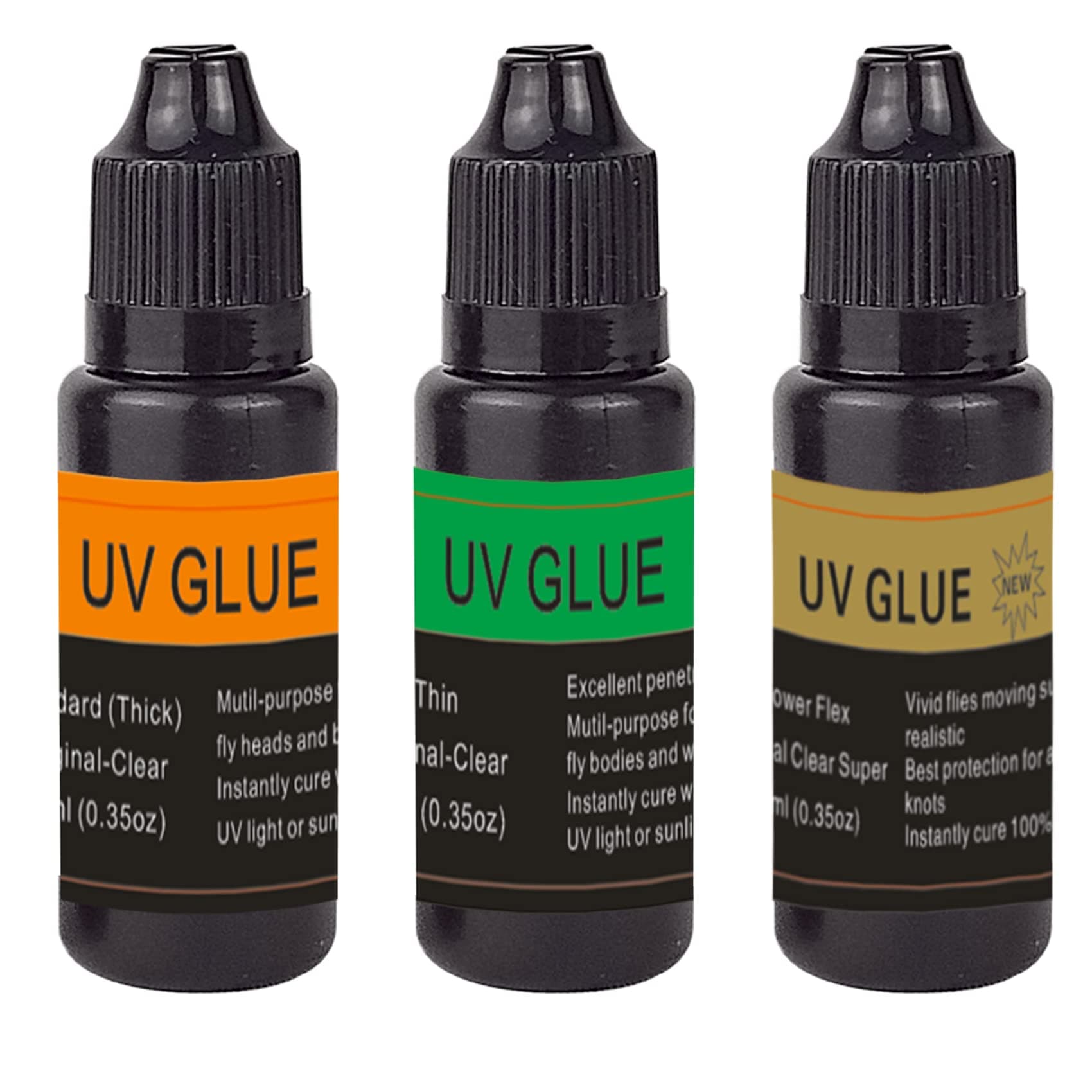 Eupheng Fly Tying UV Glue Three Formula Each 0.35oz Thick,Thin and Super Flex Fly Tying Head Cement Fly Tying for Building Flies Fly Tying Materials Kit