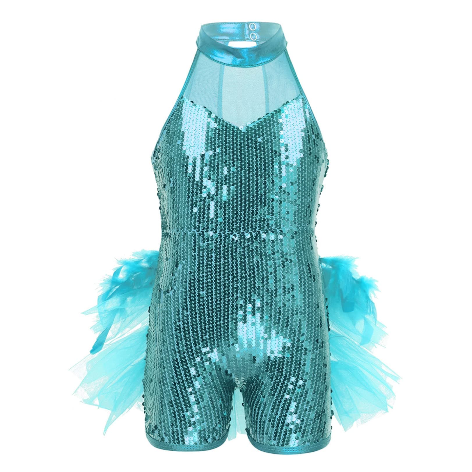 JEATHA Kids Girls Sleeveless Mock Neck Shiny Sequins Mesh Splice Leotard Ballet Jazz Latin Dance Costumes