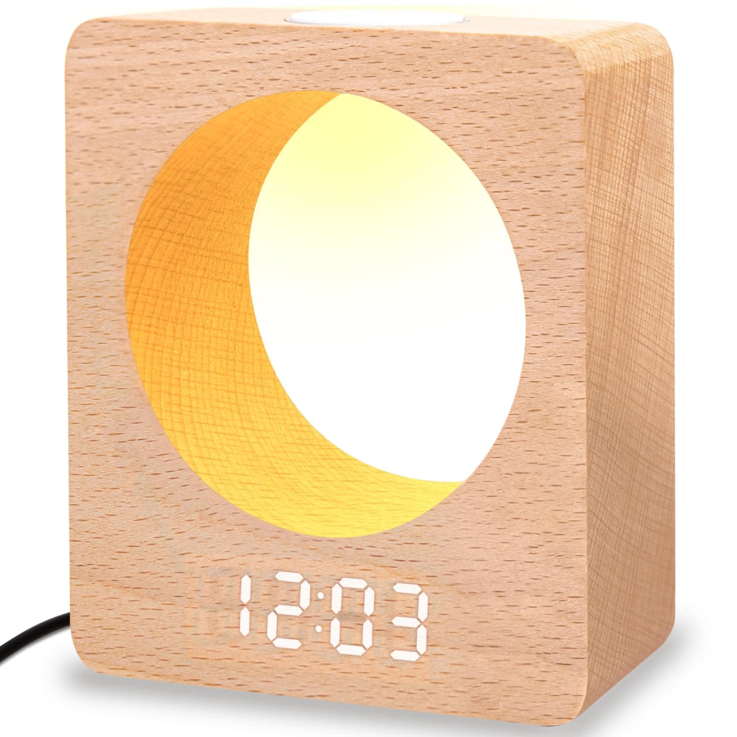 Digital Wooden LED Alarm Clock Made of Solidwood (Beech) with Night Light,3 Alarm Settings, Temperature Detect for Bedroom, Bedside, Desk, Kids