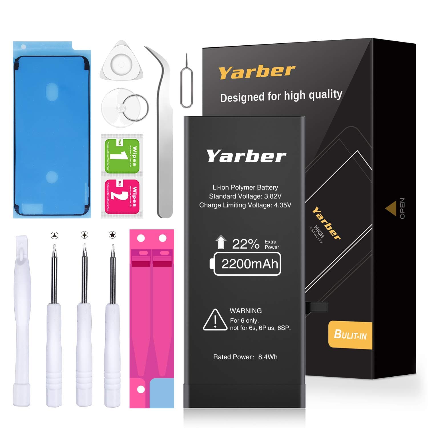 2200mAh Battery for iPhone 6, Yarber 0 Cycle Li-ion High Capacity Replacement Battery for 6 with Complete Repair Tool Kit Adhesive Strips and User Manual
