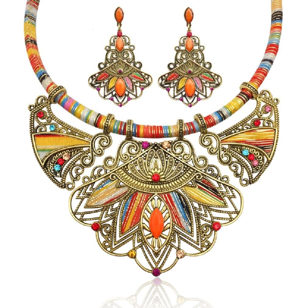 YAZILIND Women's Bohemian Necklace Earrings Tribal Novelty Jewelry Set Chunky Chain Bib Statement Multicolour Rainbow Beads Statement Necklace