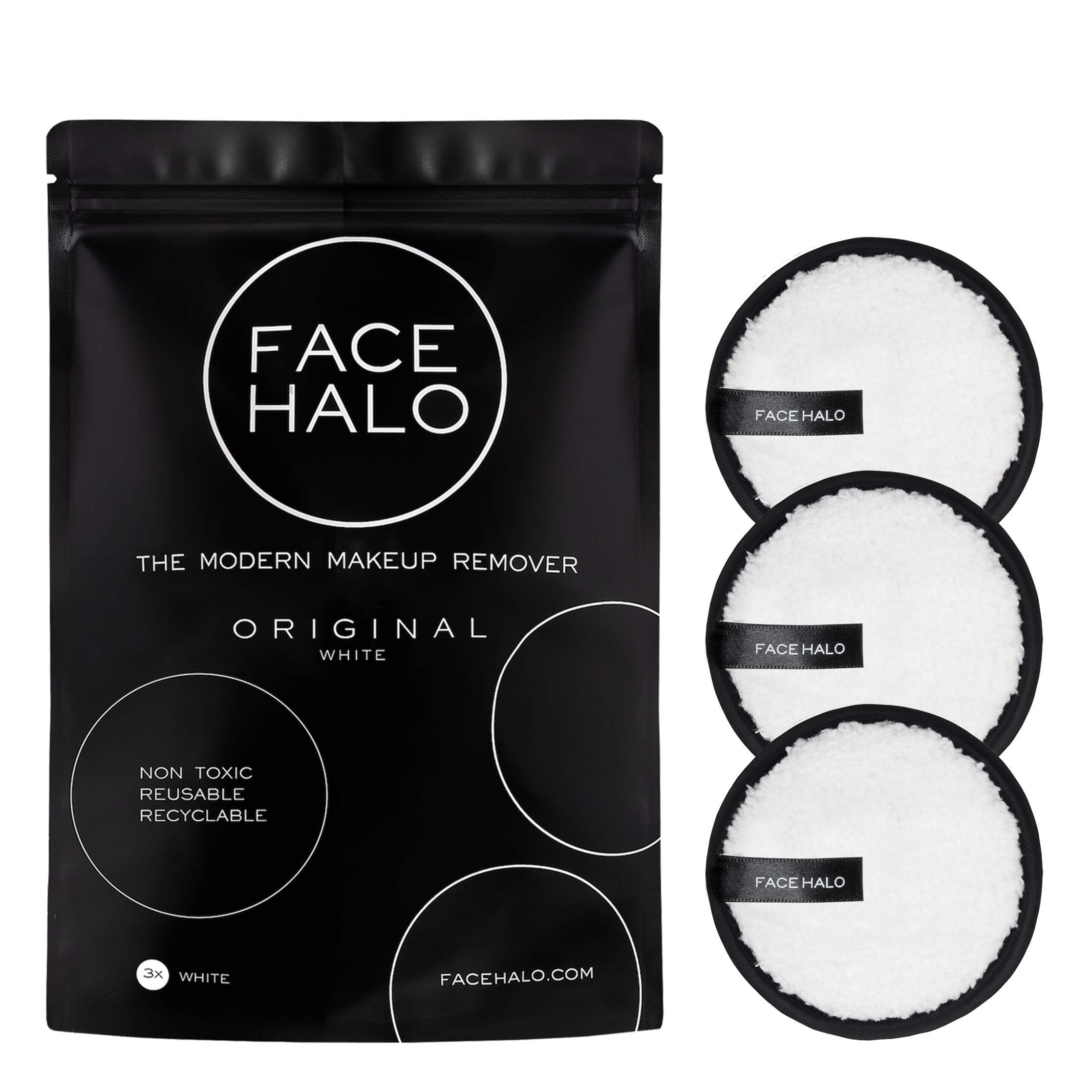 Face Halo Original Makeup Remover, Eco-Friendly, Reuseable, Vegan Friendly, White, Set of 3 (Pack of 1)