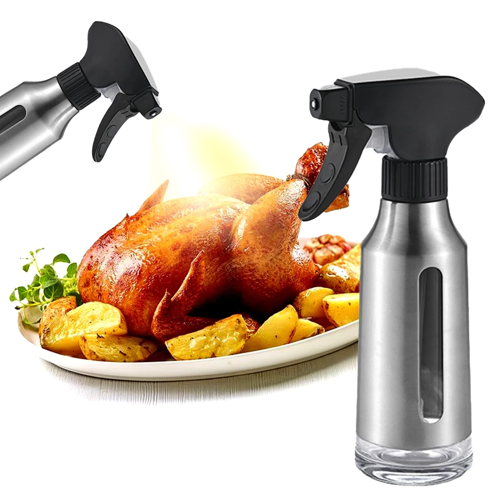 Oil Sprayer for Cooking,Stainless Steel Olive Oil Mister for Air Fryer Black Nozzel Dispenser Bottles Fat Reduction Glass Oil Control Spray Pot 6.35oz(180ml) Capacity