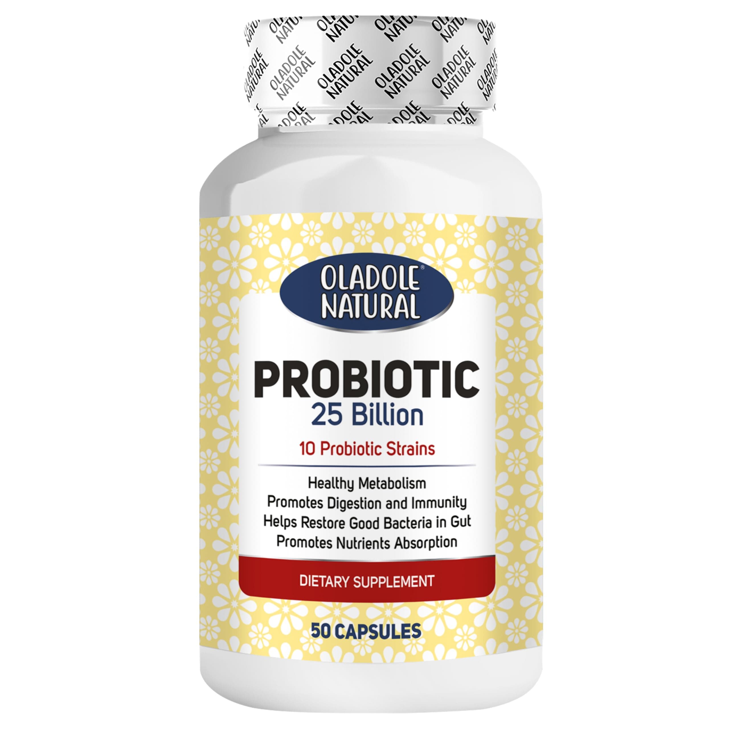 Oladole Natural Probiotic - 25 Billion CFUs, 10 Strains - 50 capsules | Gut Health and Immune Support | Digestive Balance Formula | High Potency Prebiotic and Probiotic Supplement