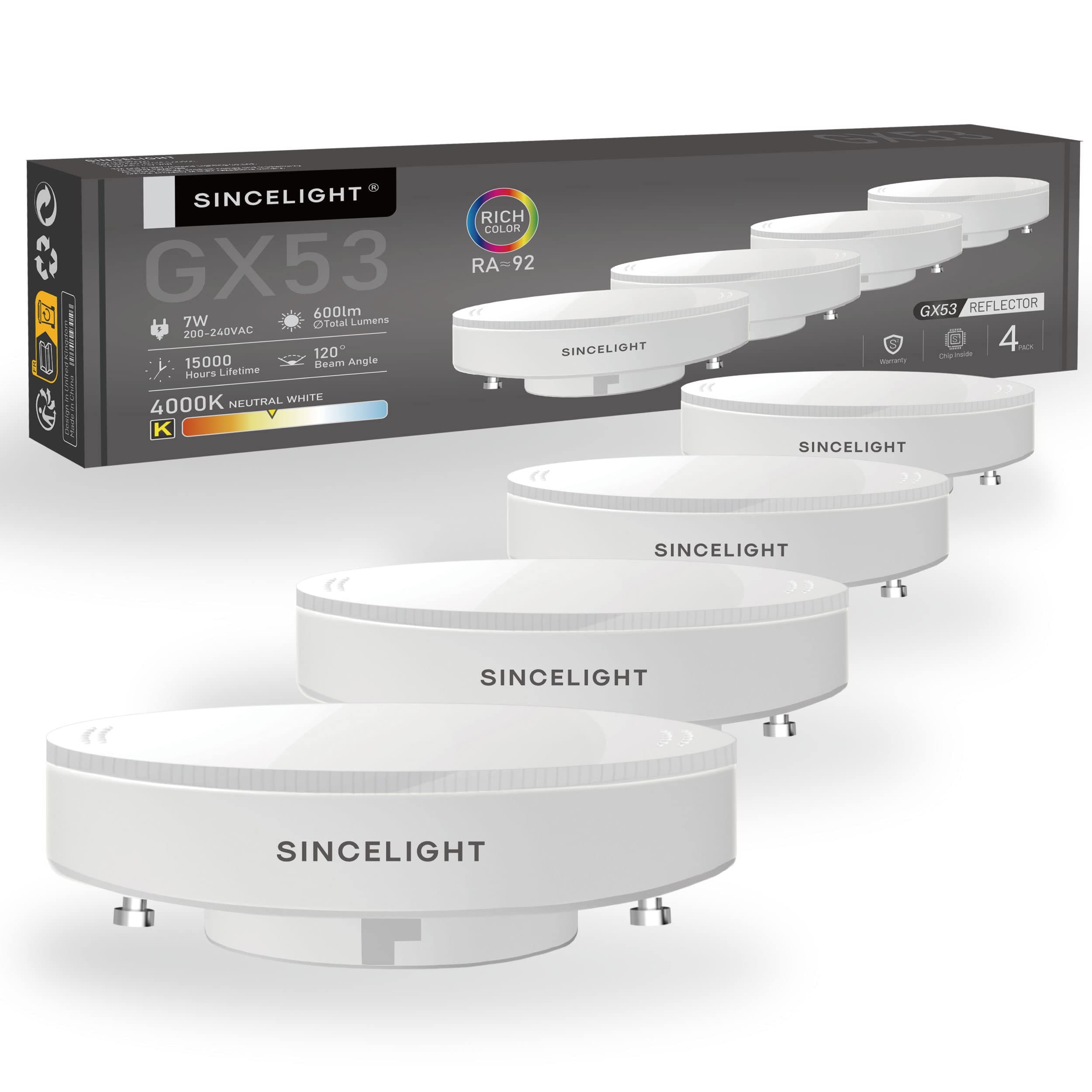 SINCELIGHTLED GX53 Cabinet Light Reflector Bulb, 7W (50-60W Equivalents), Neutral White 4000K, Adapt to GX53 Fixture, Kitchen Units, Display Cabinets and Under-shelf lighting, Pack of 4