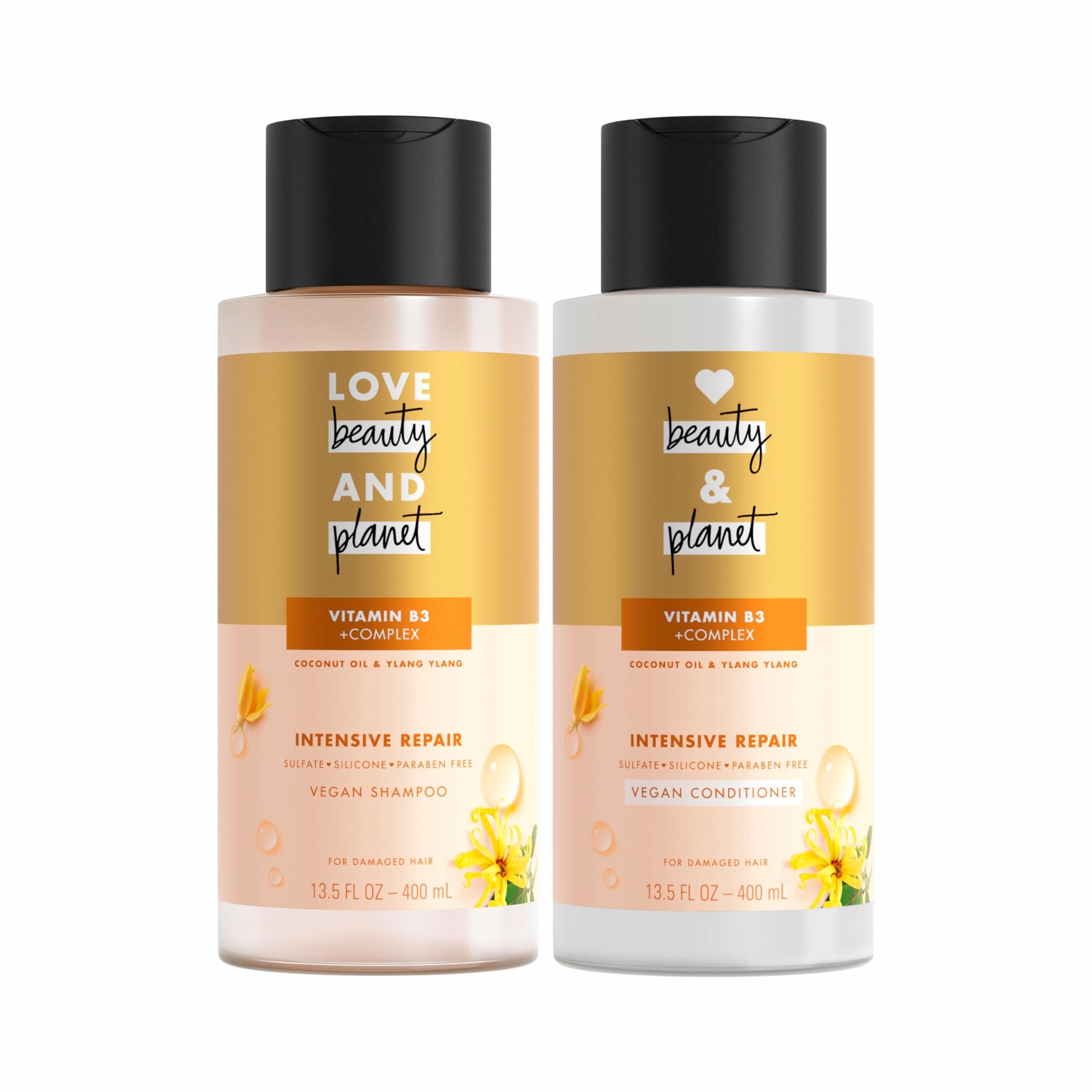 Love Beauty and Planet Coconut Oil & Ylang Hope and Repair Shampoo and Conditioner for Dry and Damaged Hair 2 Count, 13.5 oz each, Paraben, Silicone Free, Vegan