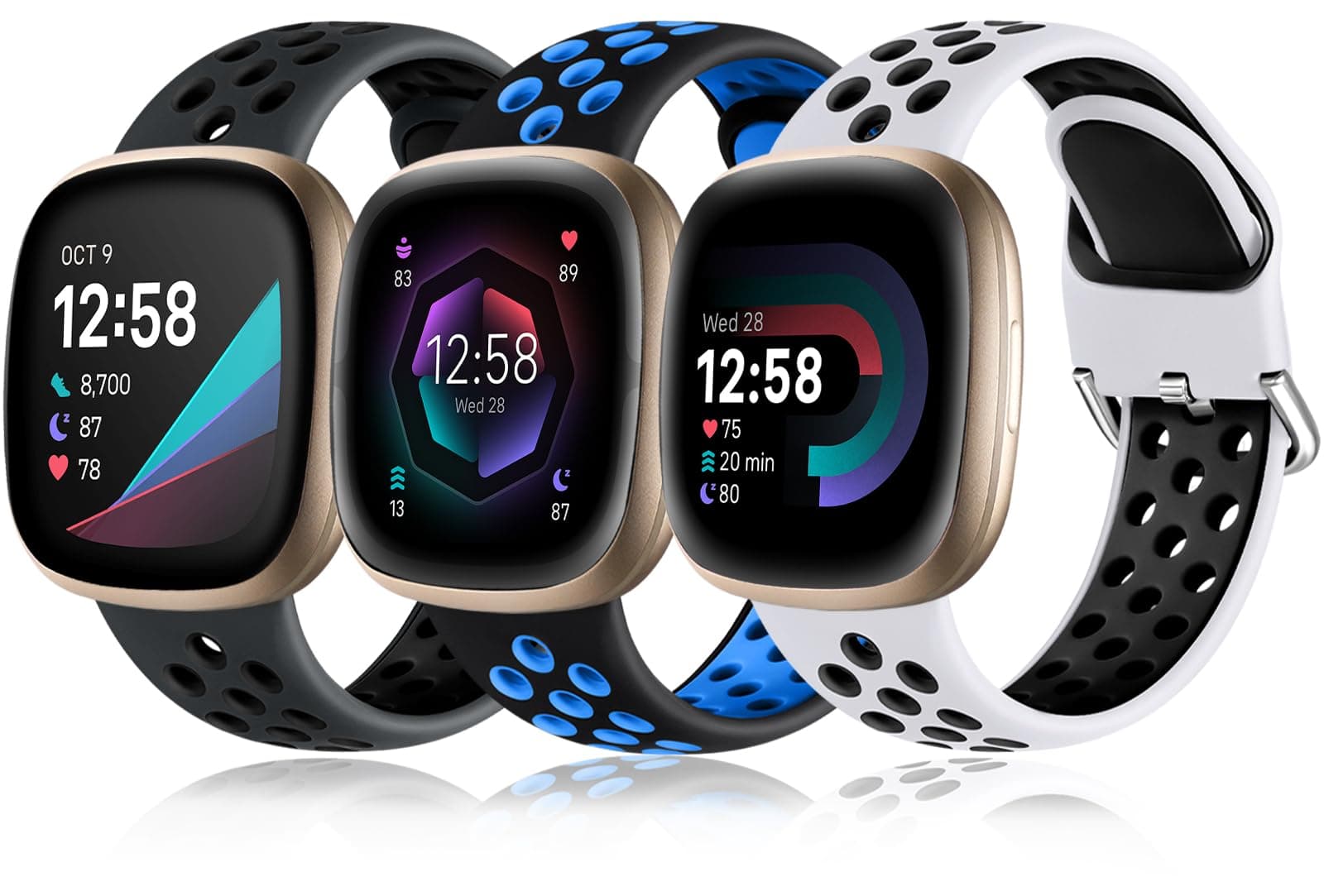 Getino Compatible with Fitbit Versa 3/4 Bands, Sense/Sense 2 Bands W/M, Sports Accessory, Silicone Band for Versa 3/4/Sense/Sense 2, Large 3-Pack