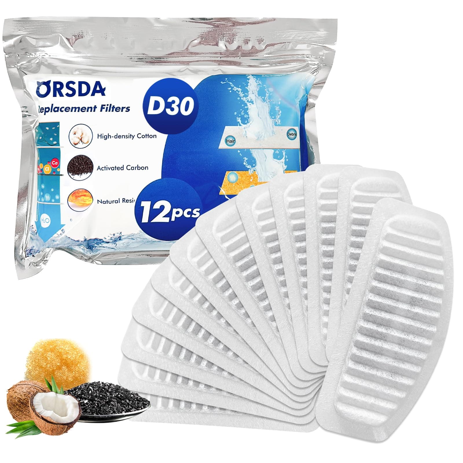 ORSDA Cat Water Fountain Filters, Replacement Carbon, Resin Filter ONLY for D30 67oz/2L Automatic Cat Fountain Dog Water Dispenser, 4 Filtration System (12PCS Filters）