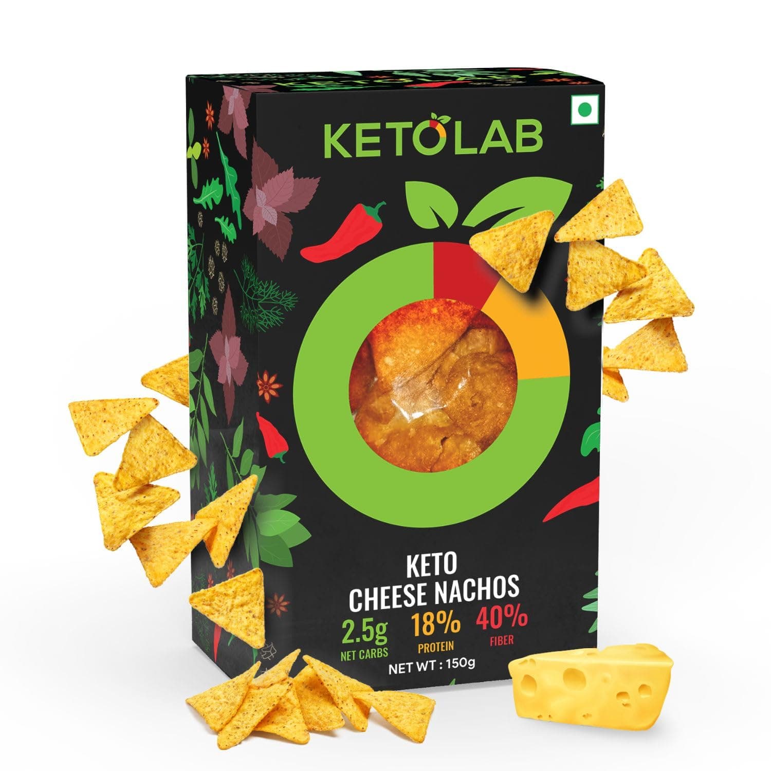 Ketolab Keto Cheese Nacho Chips, 150 g (Pack of 2) 2.5g Net Carb & 18% High Protein/Serving, Identical to Regular Nacho Chips, Low Carb, High Fibre, Low GI, Keto Diet, Weight Loss, Diabetic Friendly