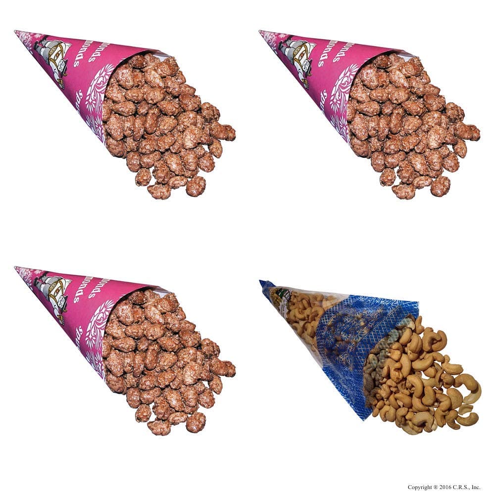 The Nutty Bavarian Cinnamon Glazed Roasted Almonds (3 cones) and Lightly Salted Cashews (1 cone) in a 4 Cone Pack (Almond/S-Cashew Pack)