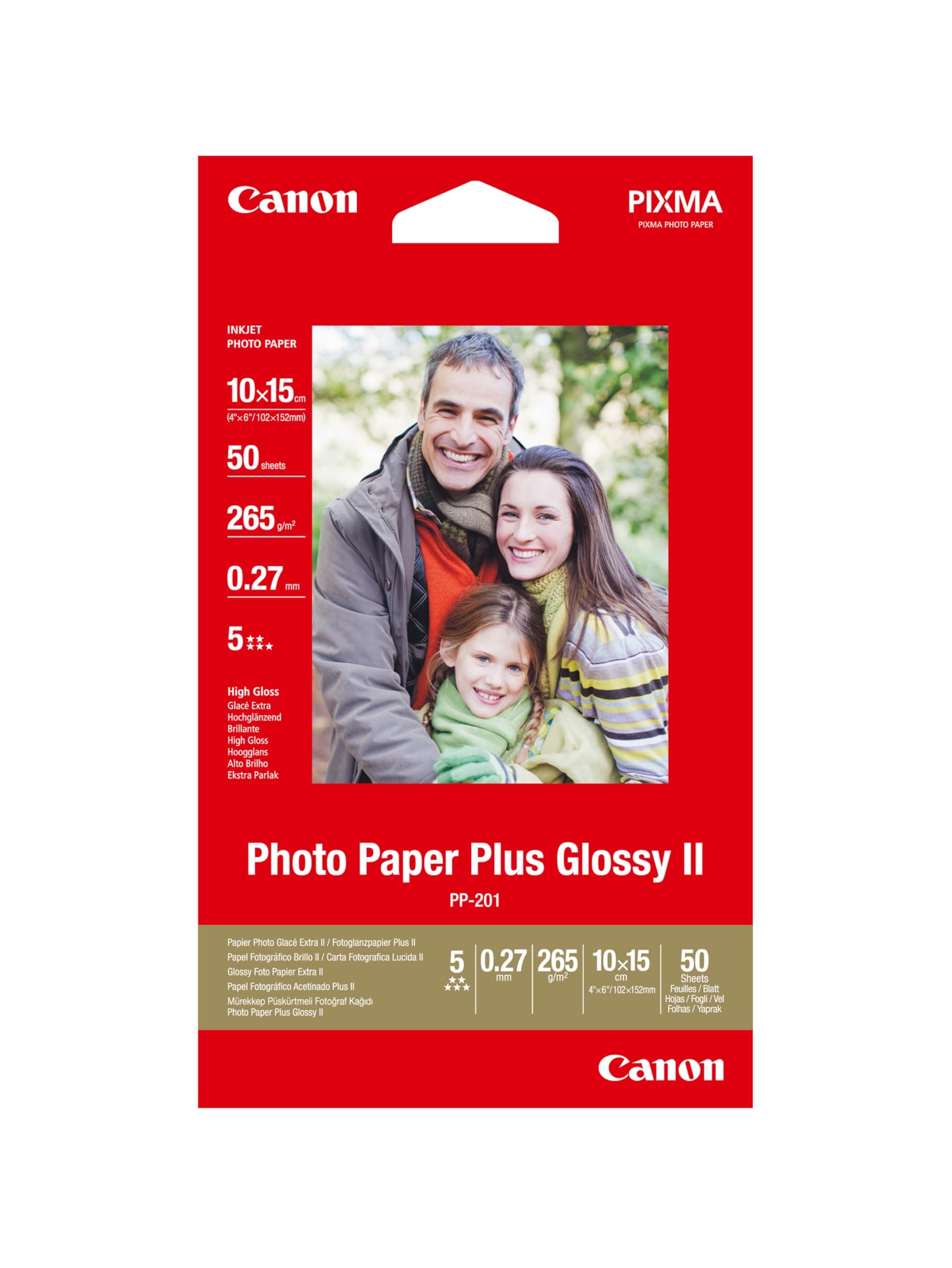 Canon Photo Paper PP-201 Glossy - 10 x 15 cm 50 Sheets for Inkjet Printers - PIXMA Printer (265 g/m²) 2311B003 Red