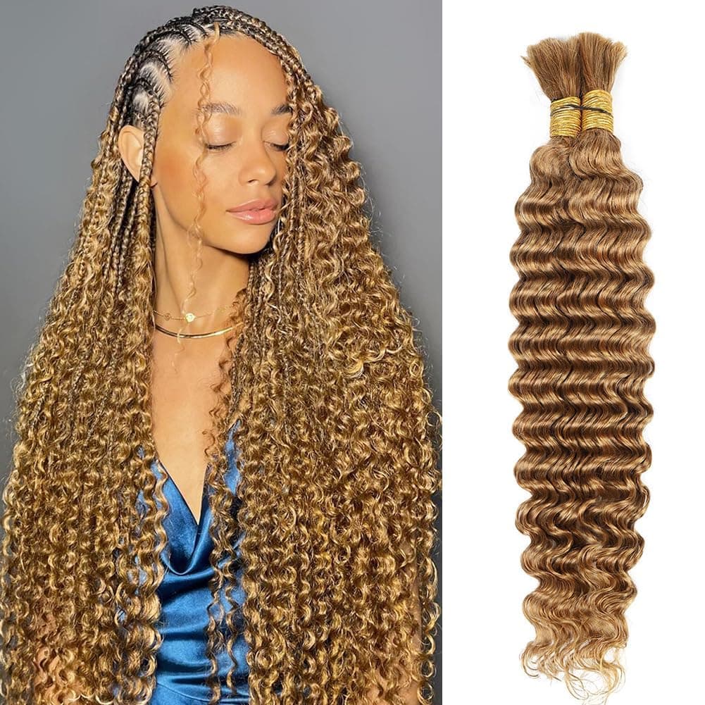 16 Inch 100g Deep Wave Bulk Human Braiding Hair 2 Bundles/Pack Color 27# Honey Blonde Human Braiding Hair for Boho Braids No Weft Brazilian Human Braiding Hair Extensions for Micro Braiding